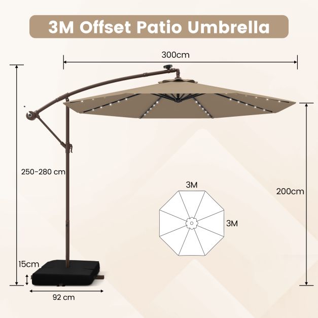 300 cm konsoles lietussargs ar 40 LED lampiņām, saules panelis, kafijas - Image 4
