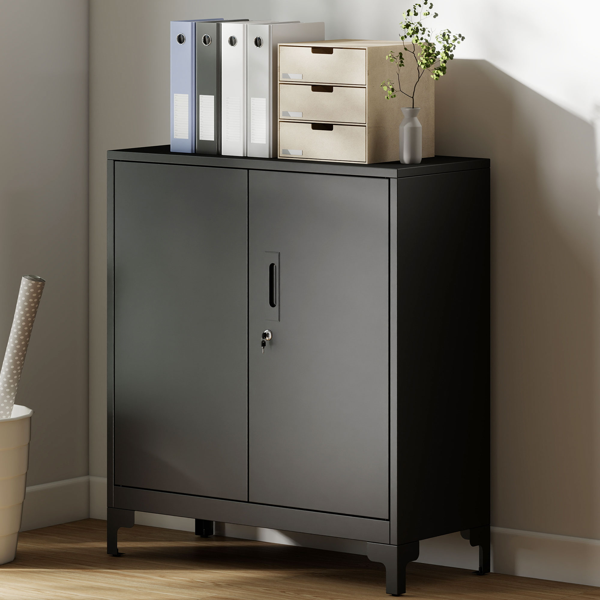 Metalinė biuro spintelė, užrakinamos durys, juoda, 80 x 35 x 91 cm - Image 2