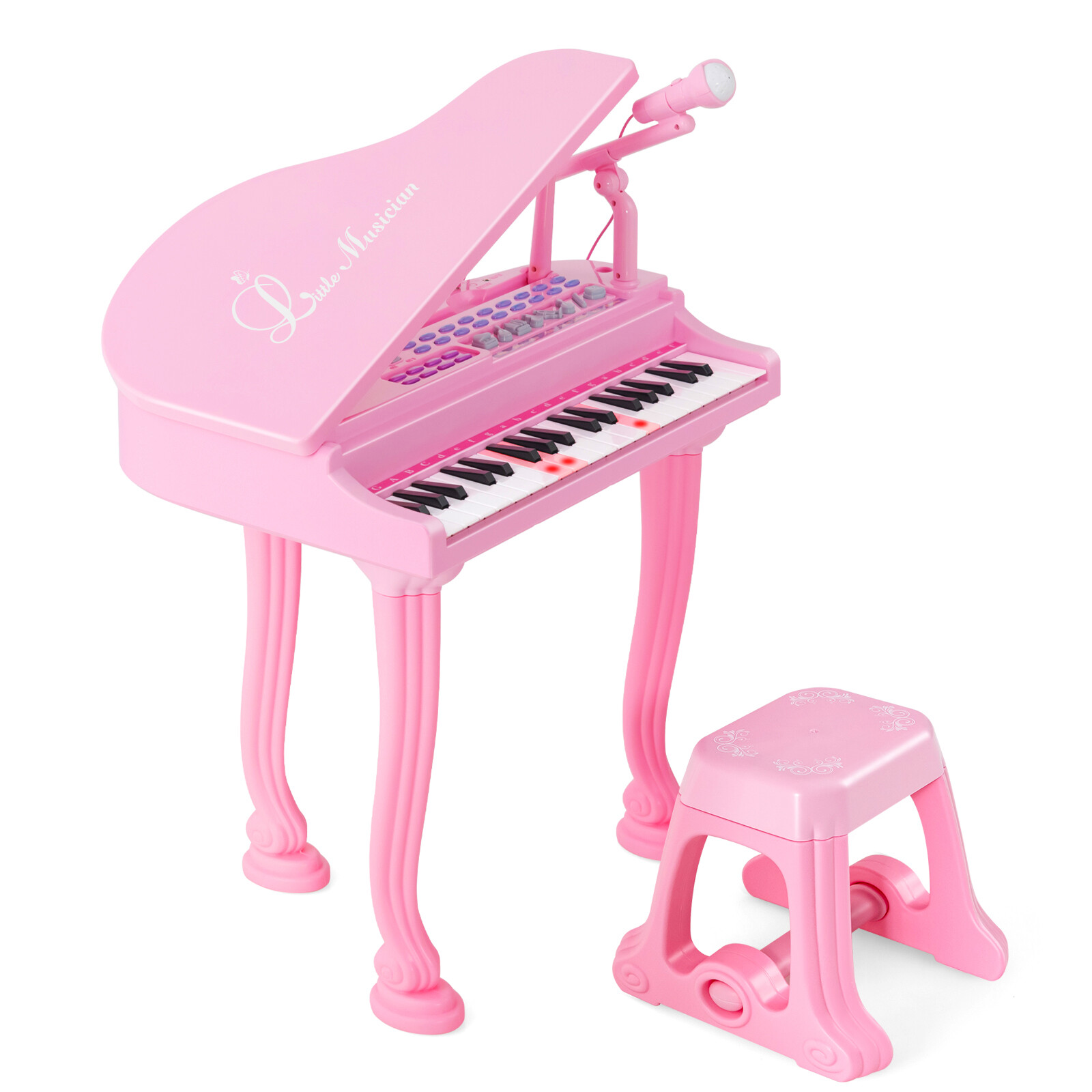 Vaikiškas pianino klavišinis instrumentas su kėdute ir dangčiu, 37 klavišai, rožinis, 47 x 37 x 70 cm