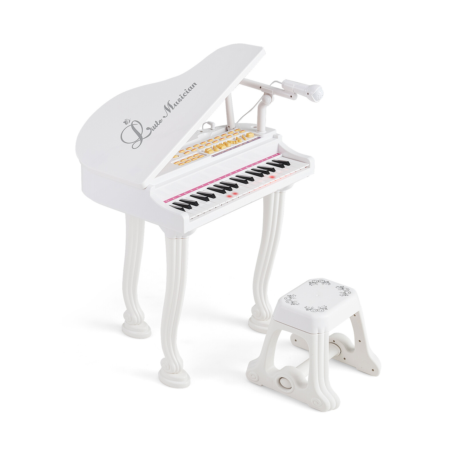 Vaikiškas pianino klavišinis instrumentas su kėdute ir dangčiu, baltas, 47 x 37 x 70 cm
