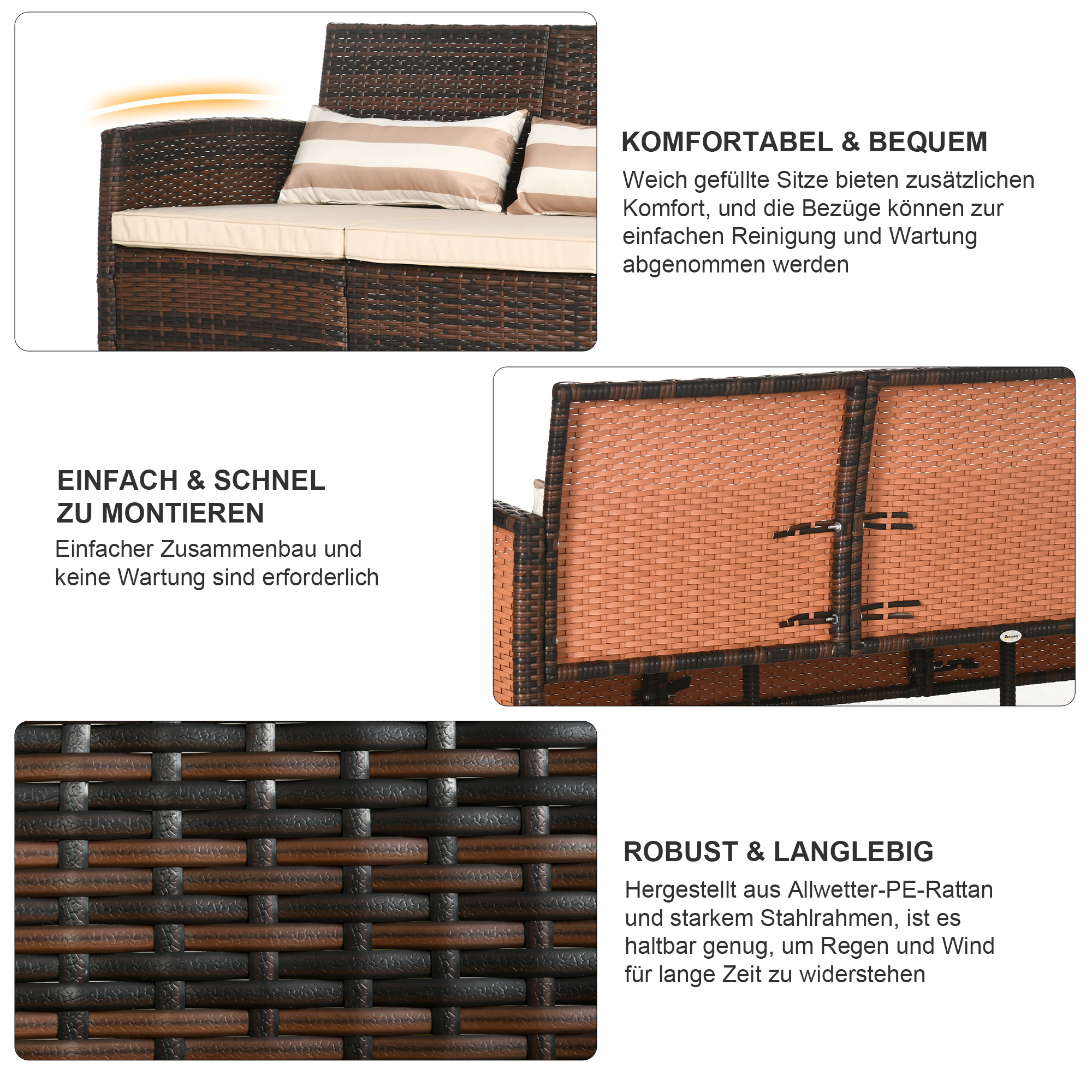 3 vietų lauko sofa su pagalvėlėmis, rudos spalvos, 173 x 68 x 78 cm - Image 5