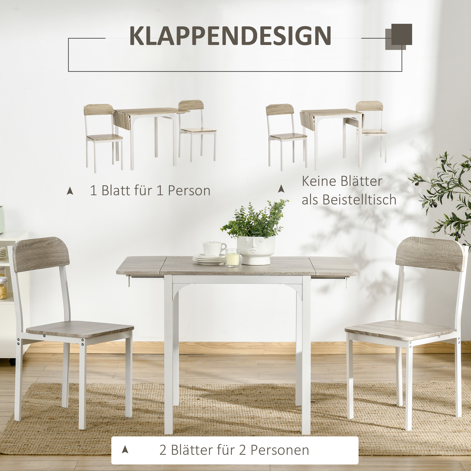 3 dalių sulankstomas valgomojo komplektas, stalas su 2 kėdėmis, 110 x 70 x 75 cm, balta + natūrali - Image 5