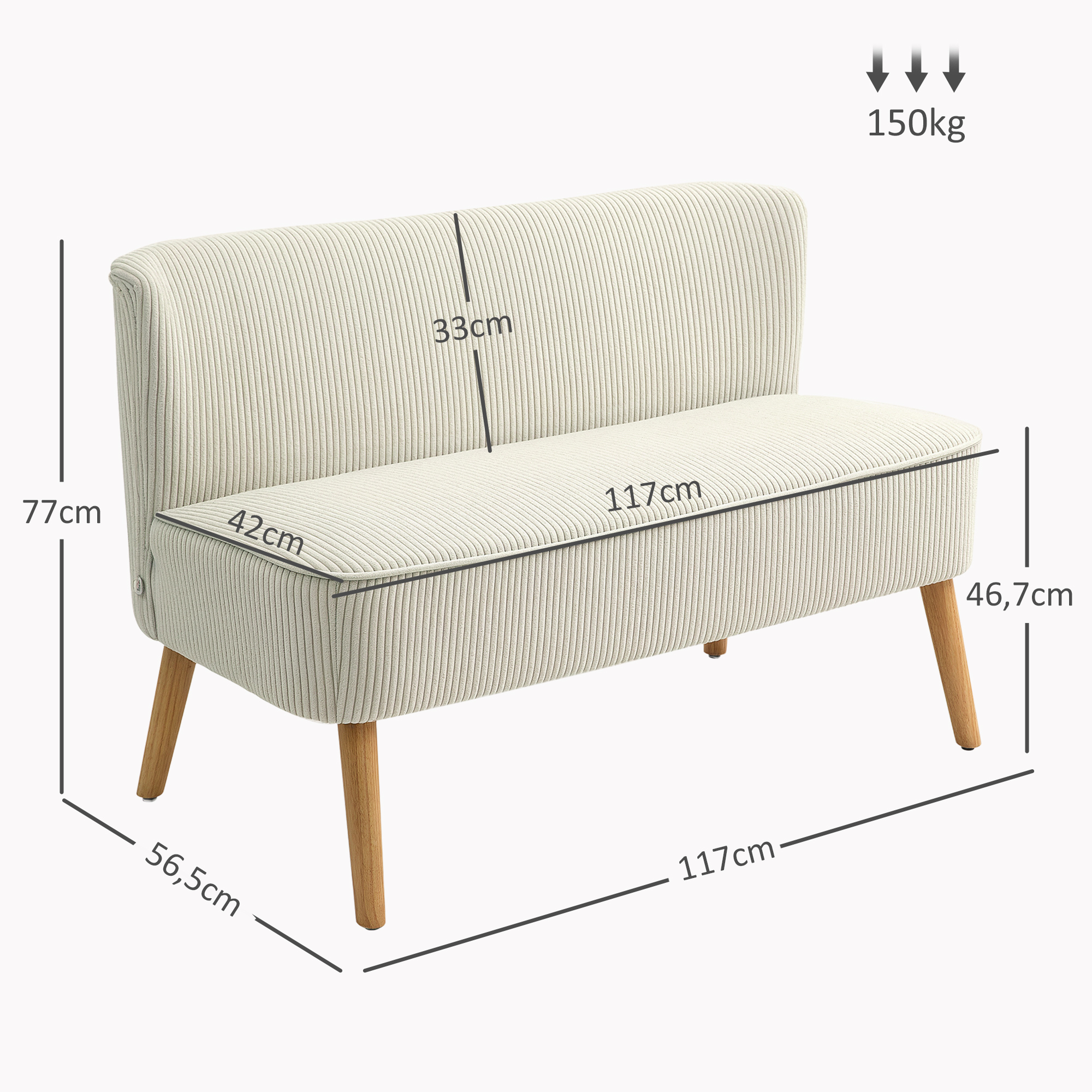 2 vietu sofa, mīksts polsterējums, viegli kopjams pārvalks, līdz 150 kg, 117 x 56,5 x 77 cm, krēmīgi balta - Image 4