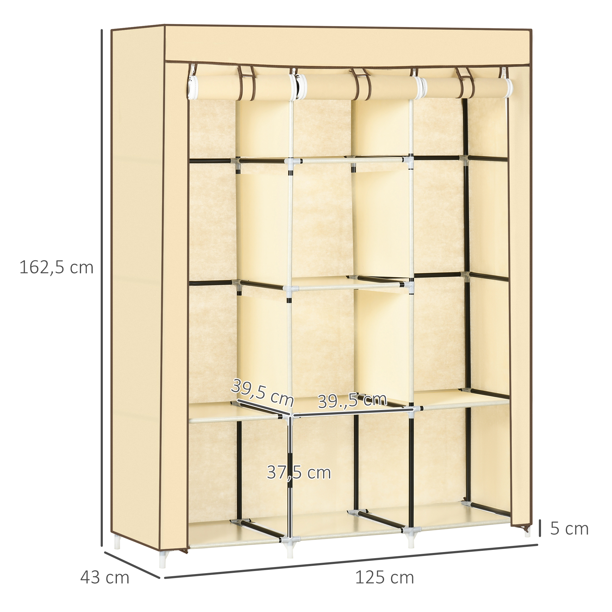 Kangaskaappi, beige, 125 x 43 x 162,5 cm, 8 hyllyä, 2 vaatetankoa - Image 3