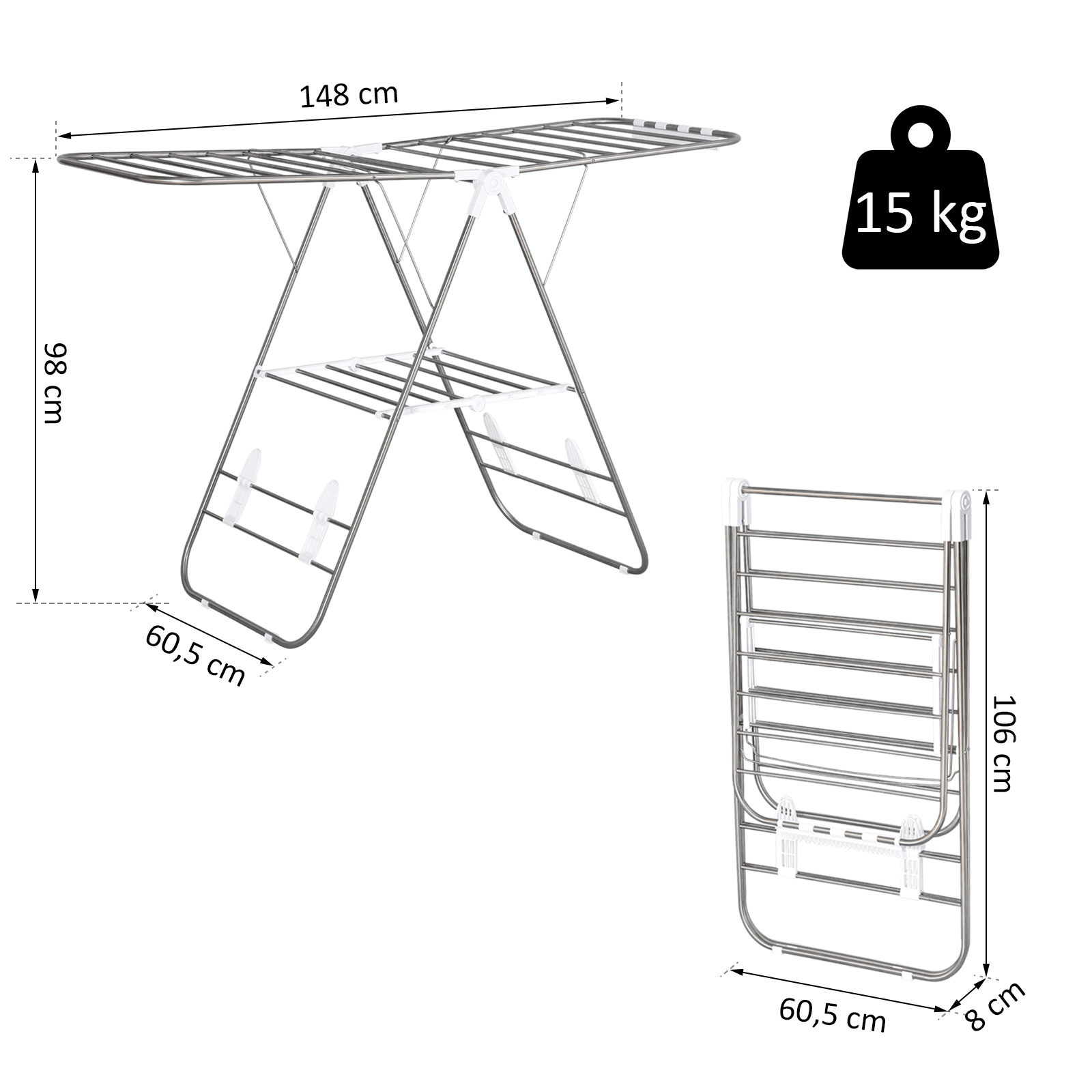 Sulankstomas skalbinių džiovintuvas su sparnais, 1,48 m, sidabrinė+balta - Image 3