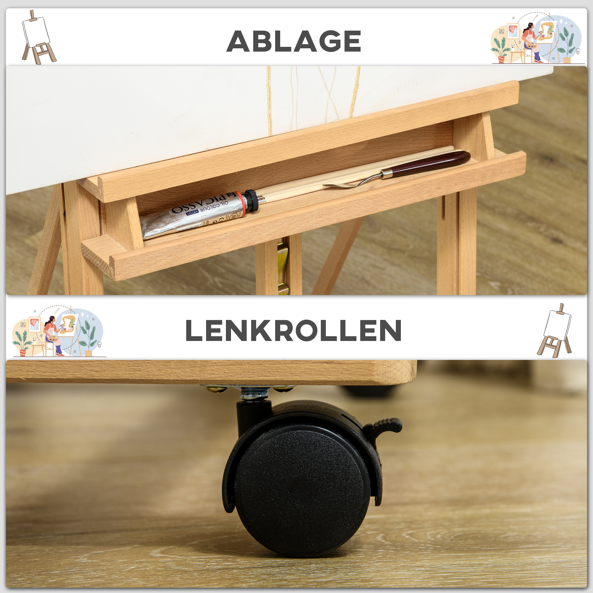 Säädettävä taiteilijanalusta 4 pyörällä, luonnonpuun värinen, 178-238 cm - Image 6
