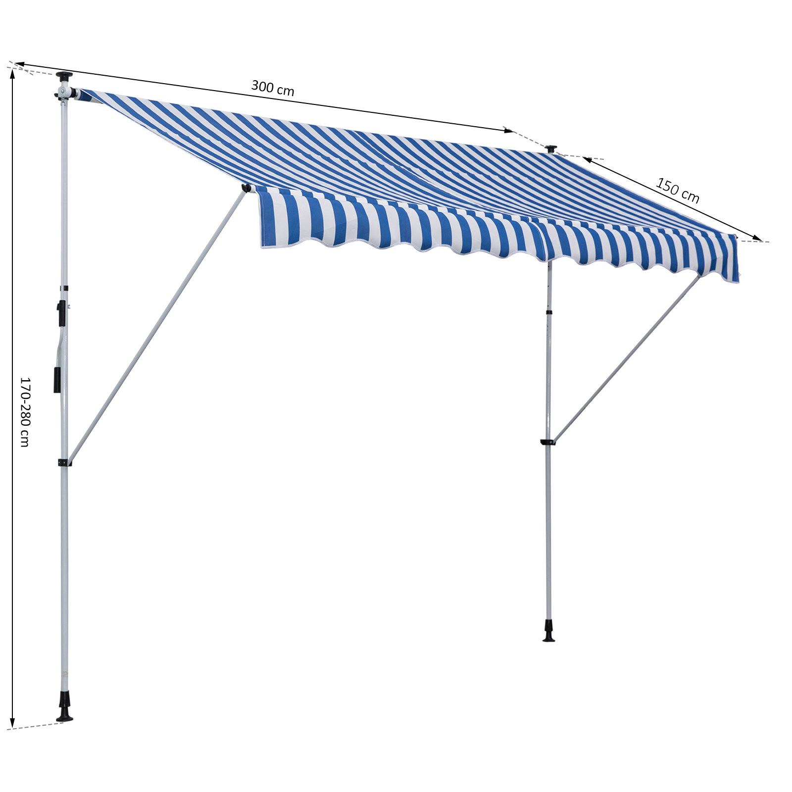 Kiinnitysmarkiisi käsikammella, korkeus säädettävä, 300 x 150 cm, sininen + valkoinen - Image 3