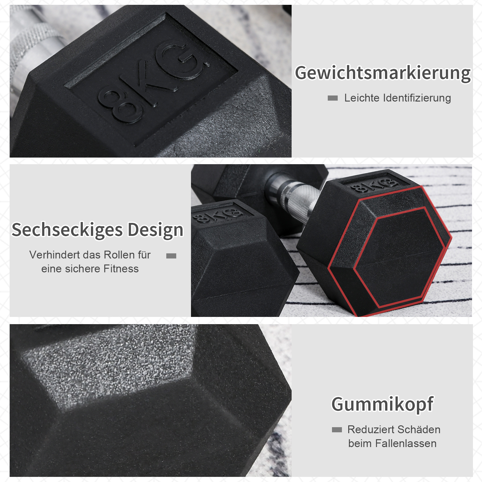 Kuusikulmainen käsipainosetti metallia ja kumia, musta, 2 x 8 kg - Image 4