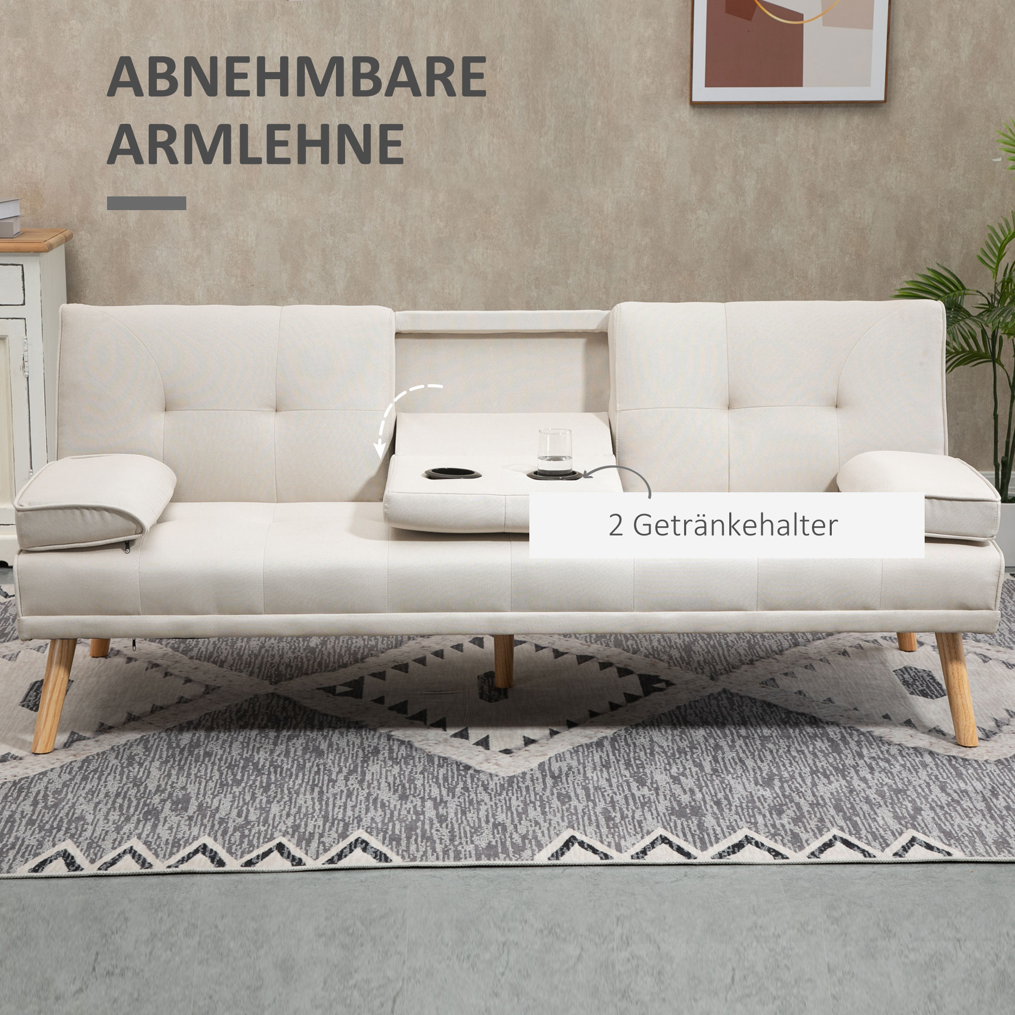 Miegamoji sofa 3 vietų, atlošas su 3 padėtimis, atlenkiamu staliuku, smėlio spalvos, 181 x 77 x 78 cm - Image 7