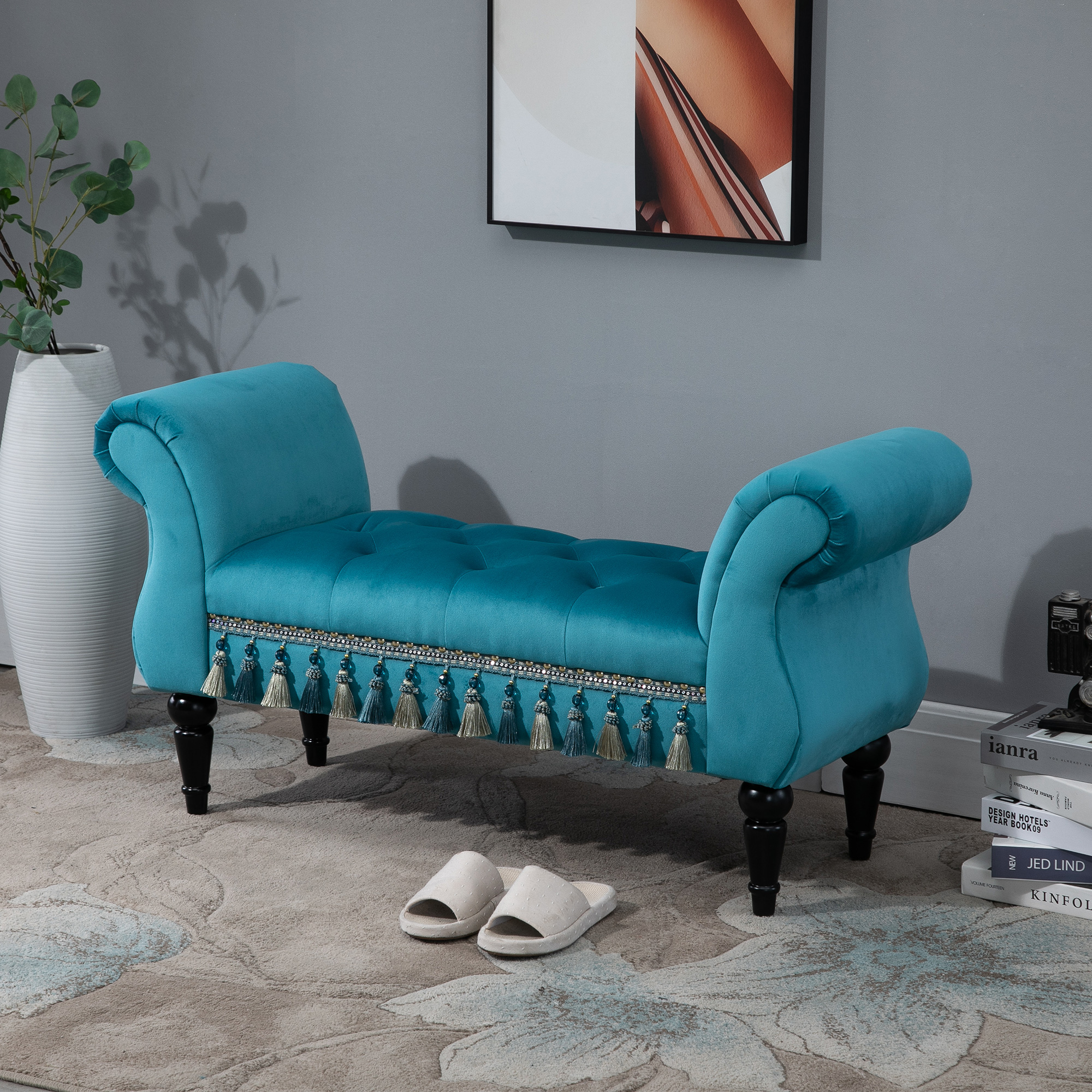 Sininen verhoiltu penkki samettipäällisellä, puurunko, 117 x 40 x 58 cm - Image 2
