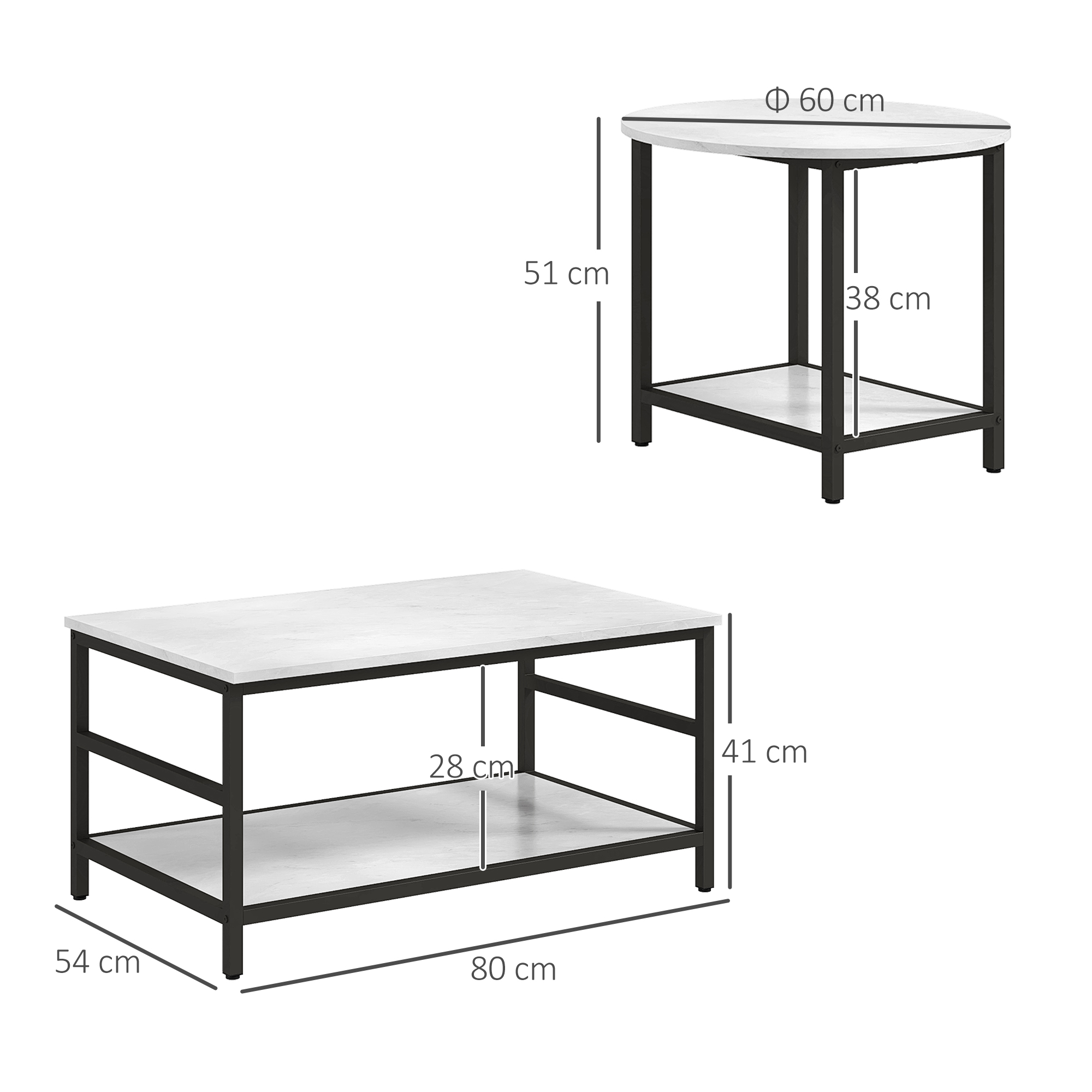 2 dalių kavos staliukų rinkinys, marmuro imitacija, reguliuojamos kojelės, plienas, juoda/balta - Image 3
