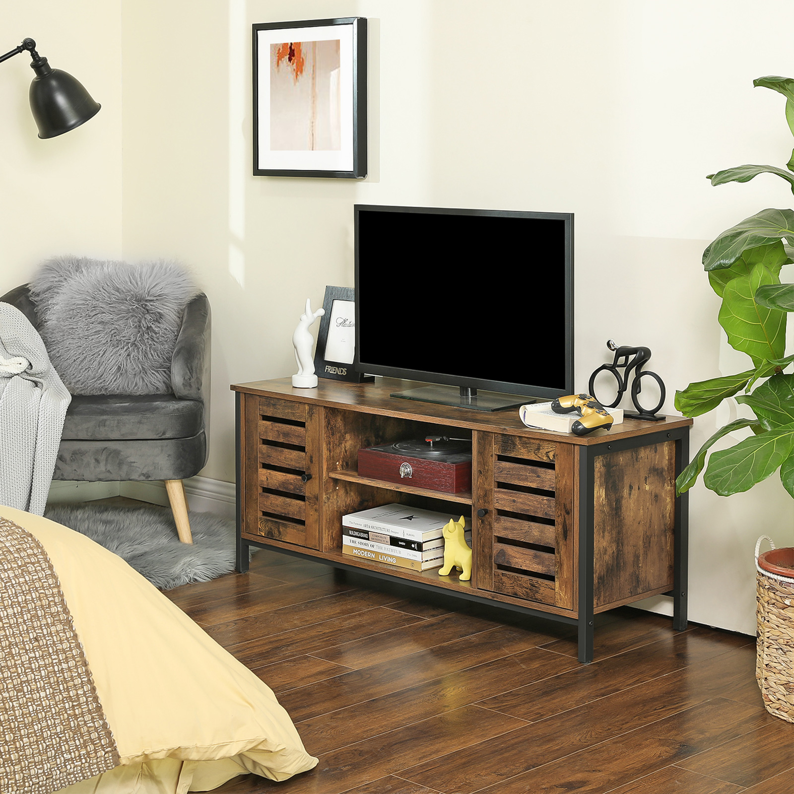 TV skapītis ar 2 skapjiem un 2 plauktu līmeņiem, 110 x 40 x 50 cm, tumši brūns - Image 4