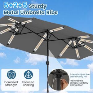 Divpusējs patio saulessargs ar 108 LED gaismām un pamatni, pelēks