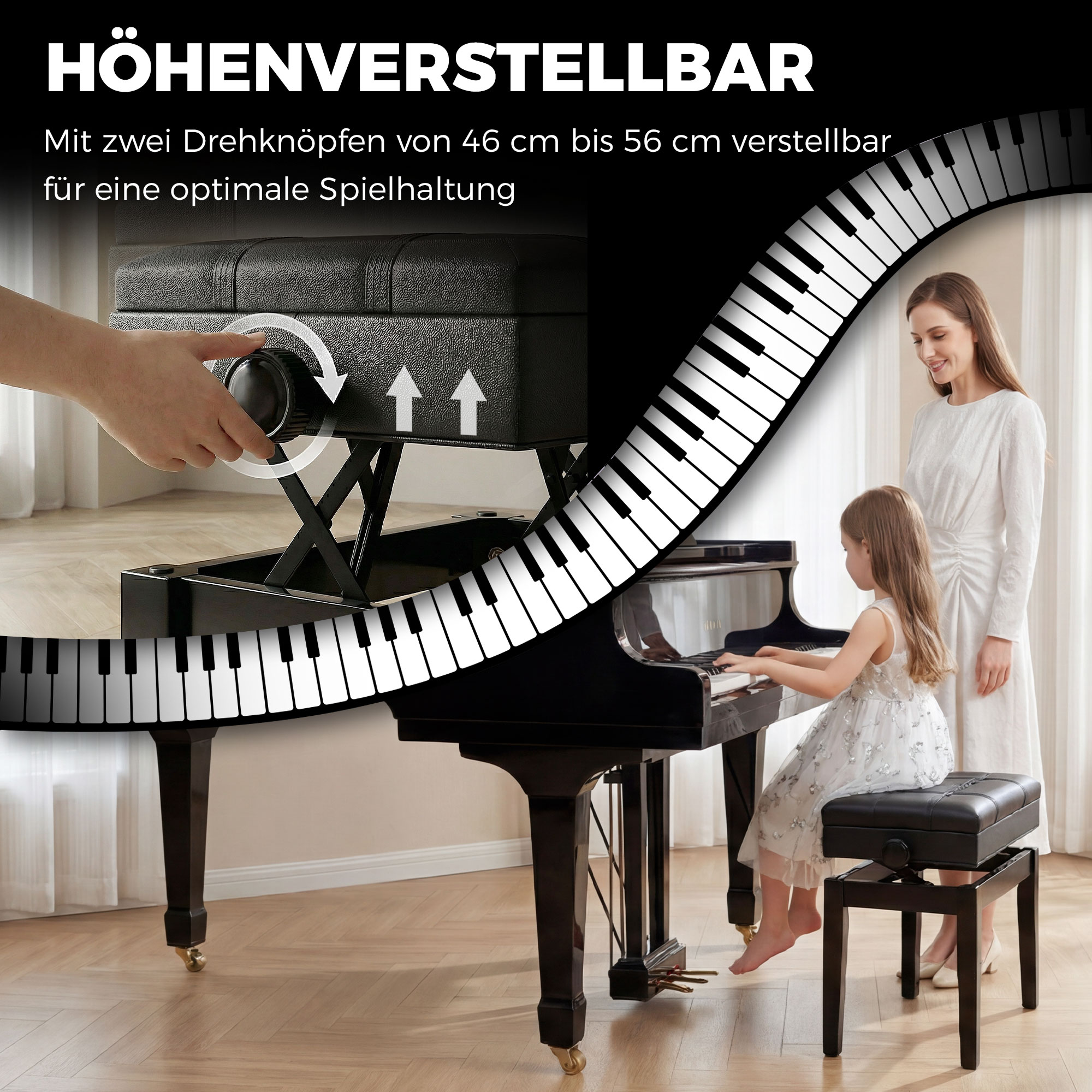 Pianopenkki piilotetulla säilytystilalla, säädettävä korkeus, musta, 63 x 35 x 46-56 cm - Image 4