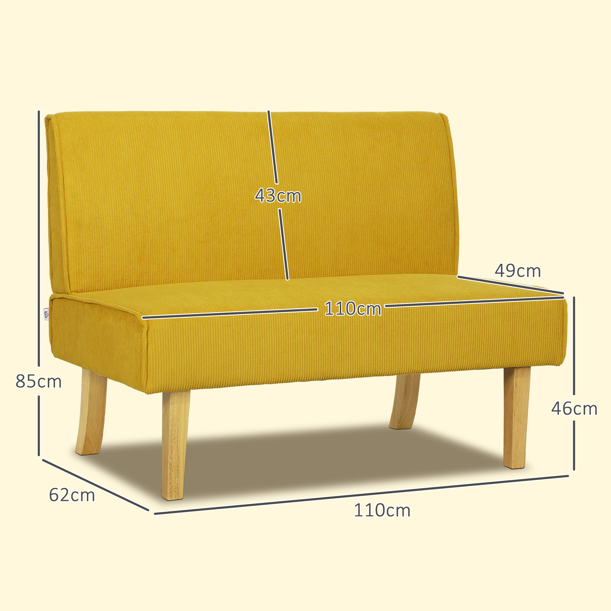 Dvivietė sofa su kordurojaus apmušalu, geltona, 110 x 62 x 85 cm - Image 3