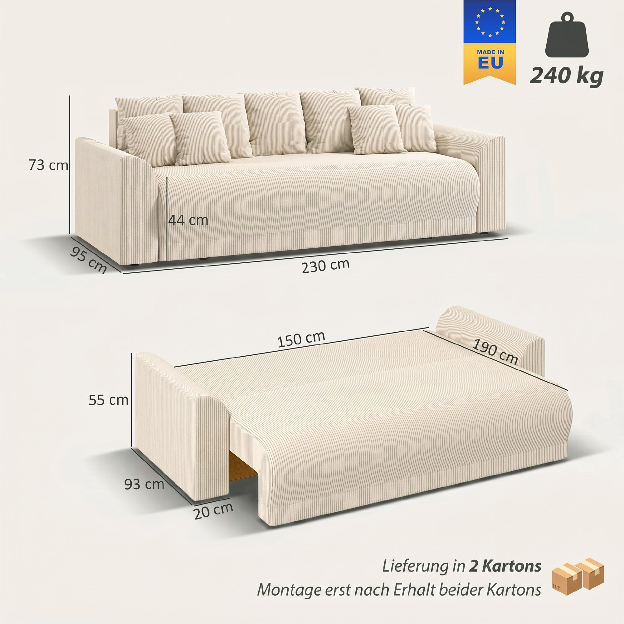 Minkštasuolis 230 cm, 3 vietų, su miego funkcija, smėlio spalvos, kordinis audinys - Image 3