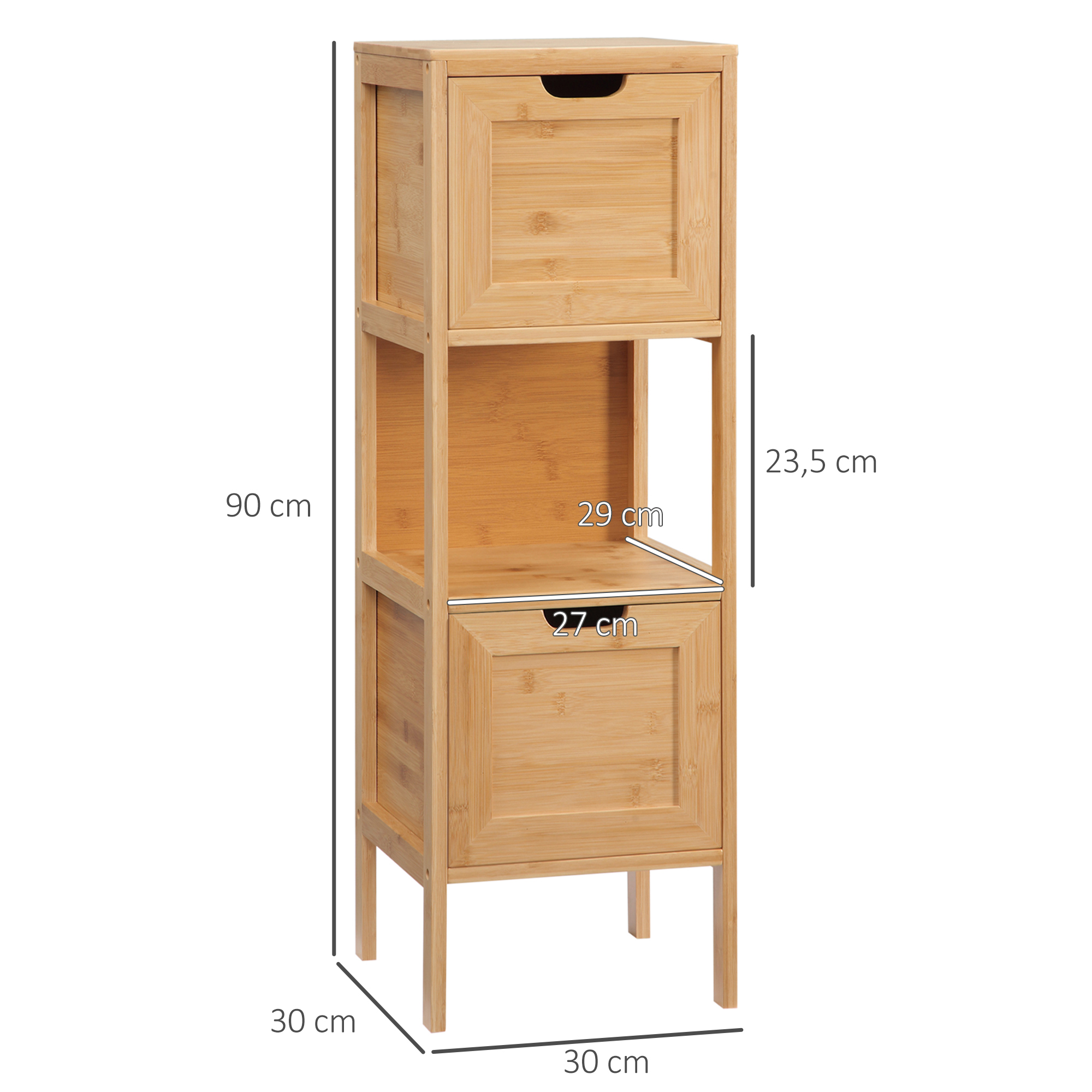 Bambulainen kylpyhuonekaappi, 1 hylly, 2 laatikkoa, 30 x 30 x 90 cm, luonnonvärinen - Image 3