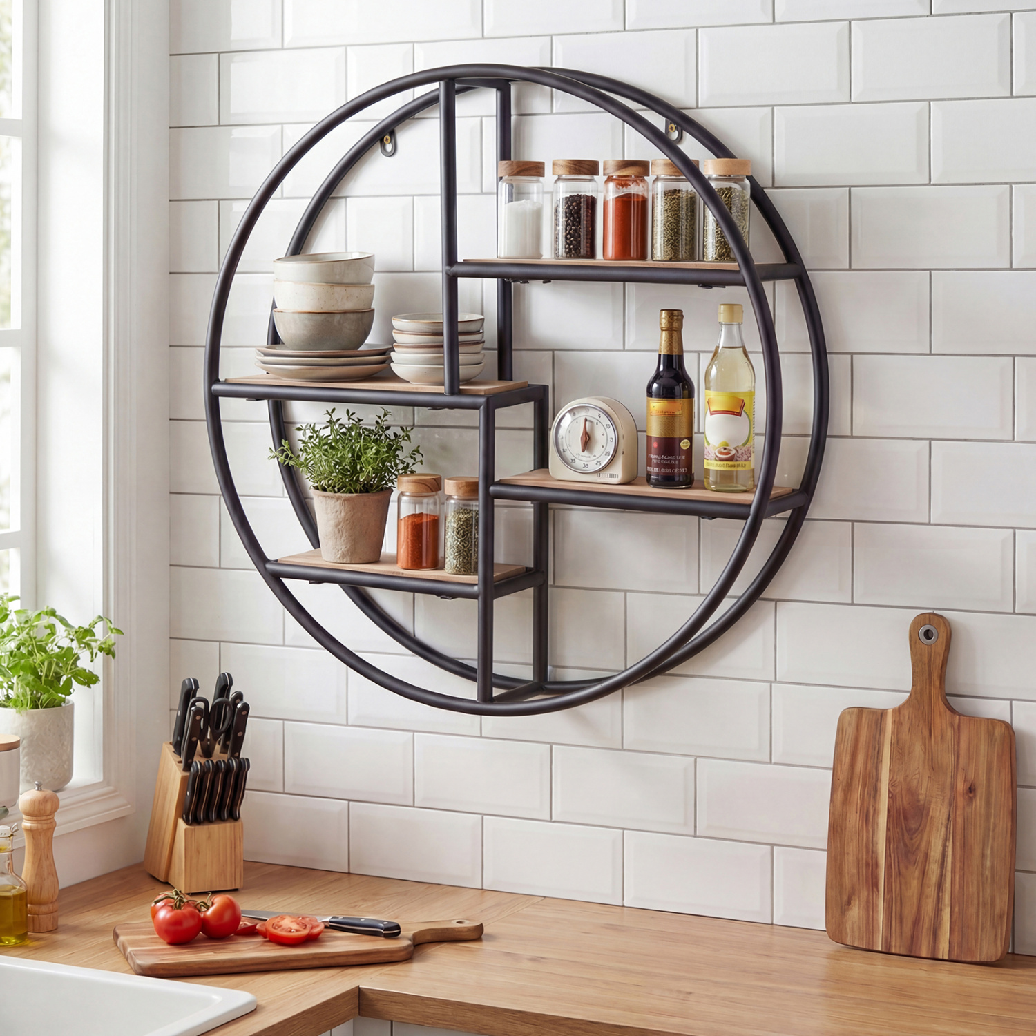 Dekoratyvinė apvali metalinė sieninė lentyna, juoda / natūrali - Image 6