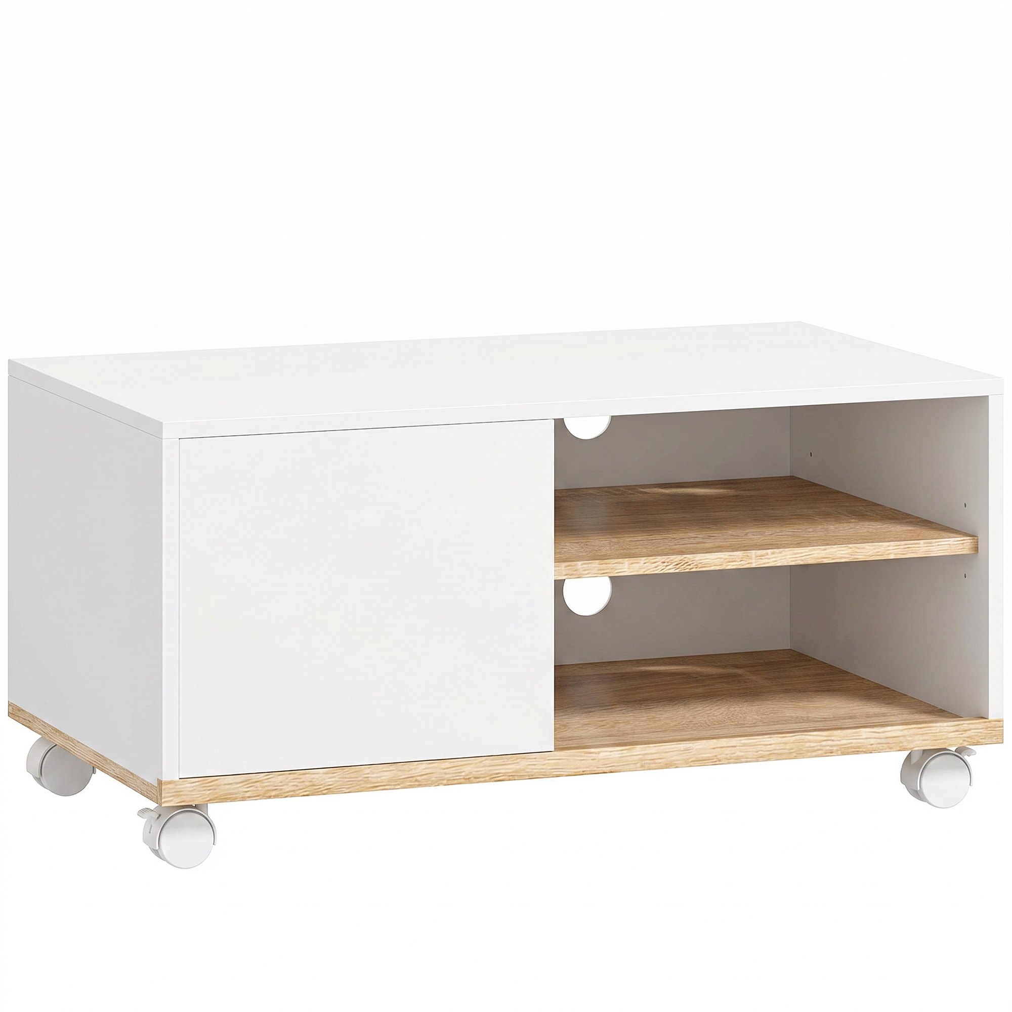 TV-alus ratastel piduritega, valge ja tamme, 80 x 45 x 41 cm