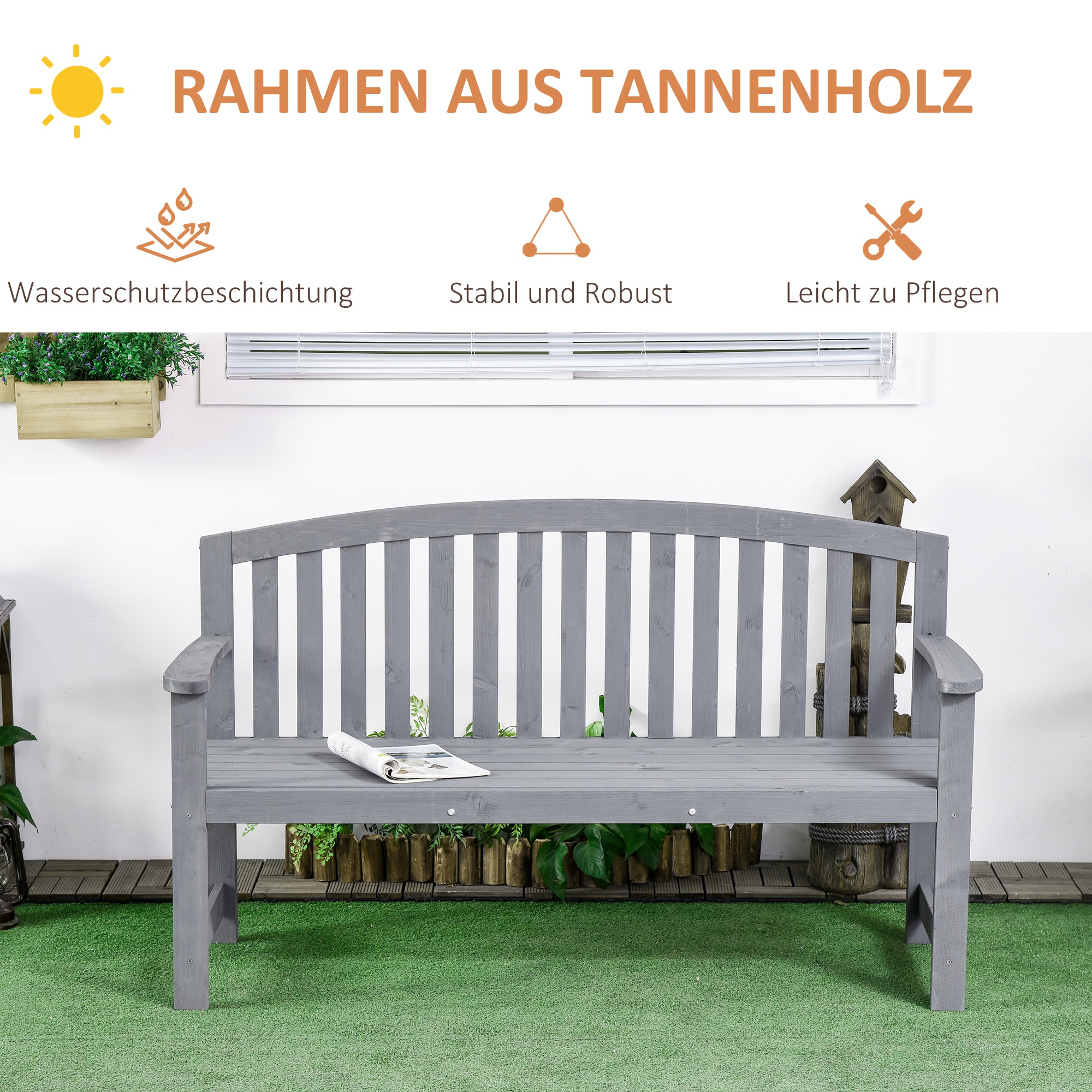 2 hengen puutarhapenkki, Tannenholz, harmaa, 143 x 51 x 85 cm - Image 5