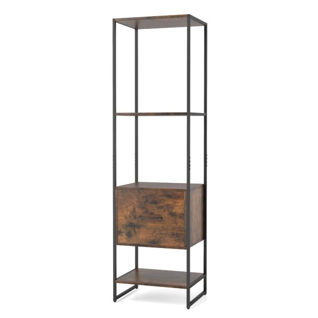 5 lentynų siauras knygų spintelės su stalčiumi, Rustic Brown