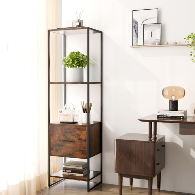 5 lentynų siauras knygų spintelės su stalčiumi, Rustic Brown - Image 2
