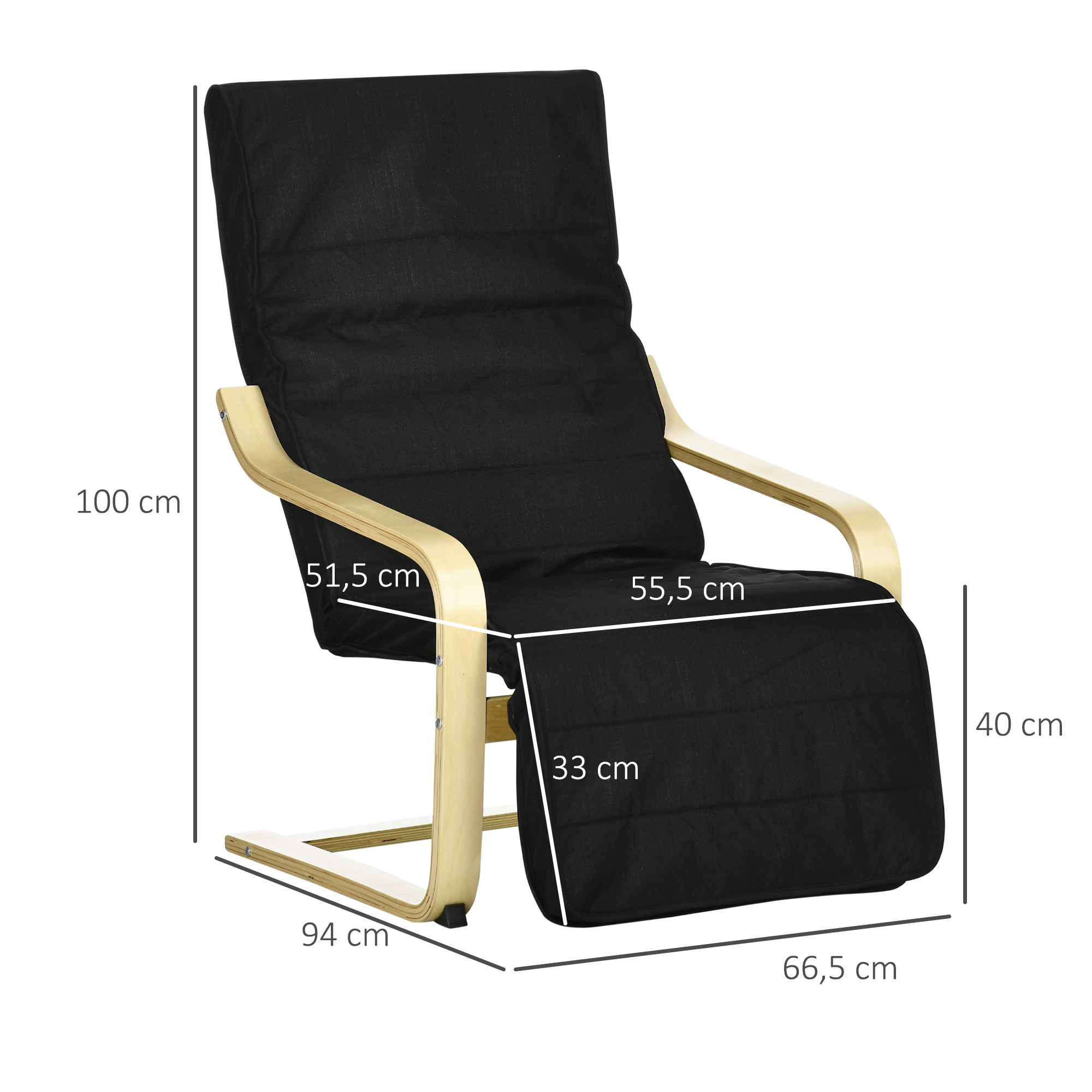 Atpūtas krēsls ar regulējamu kāju balstu, melns, 66,5 x 94 x 100 cm - Image 3
