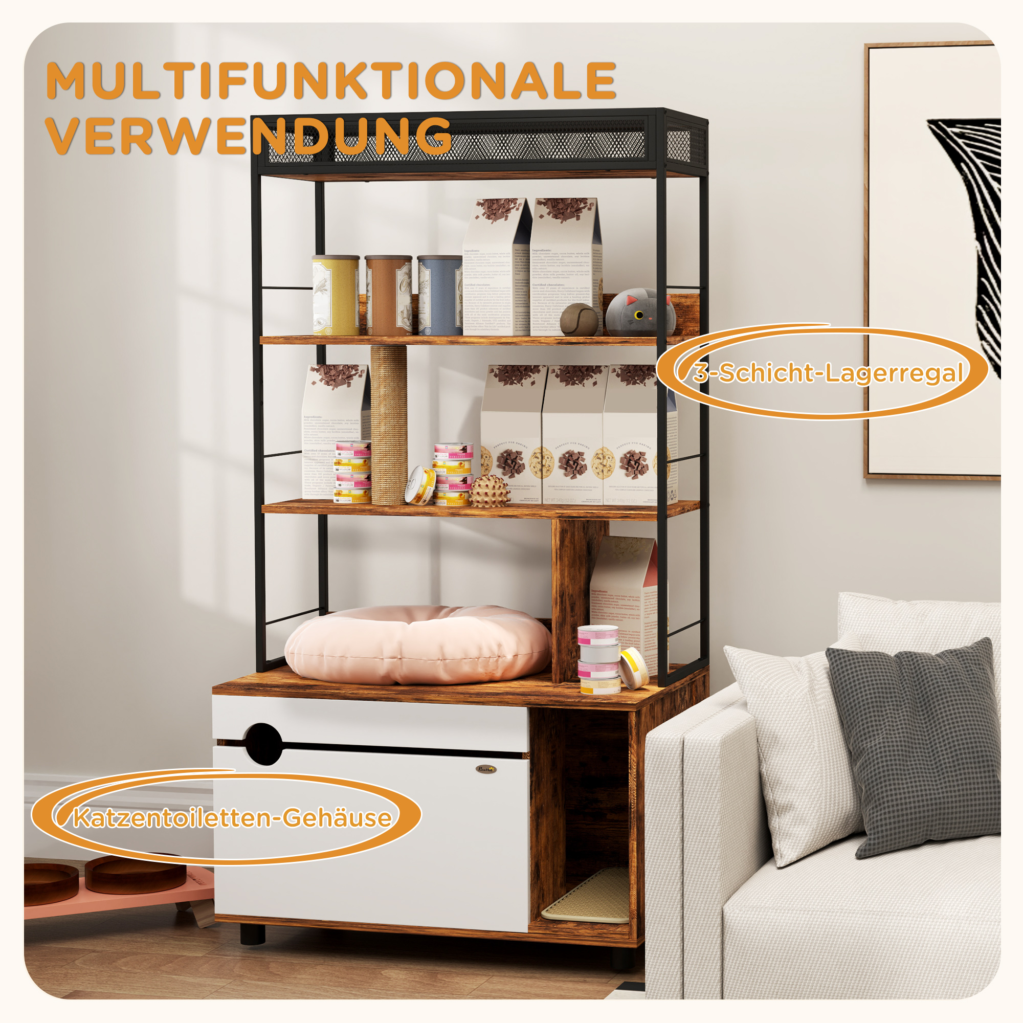 Kaķu smilšu kastes skapis ar 3 līmeņu plauktu un skrāpēšanas stabu, slēgta kaķu tualete, brūna, 80 x 48 x 152 cm - Image 4