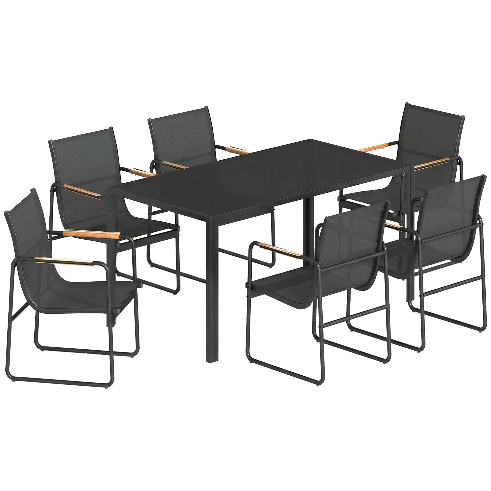Aiamööbli komplekt, 7-osaline, must, 150 x 80 cm klaaslauaga