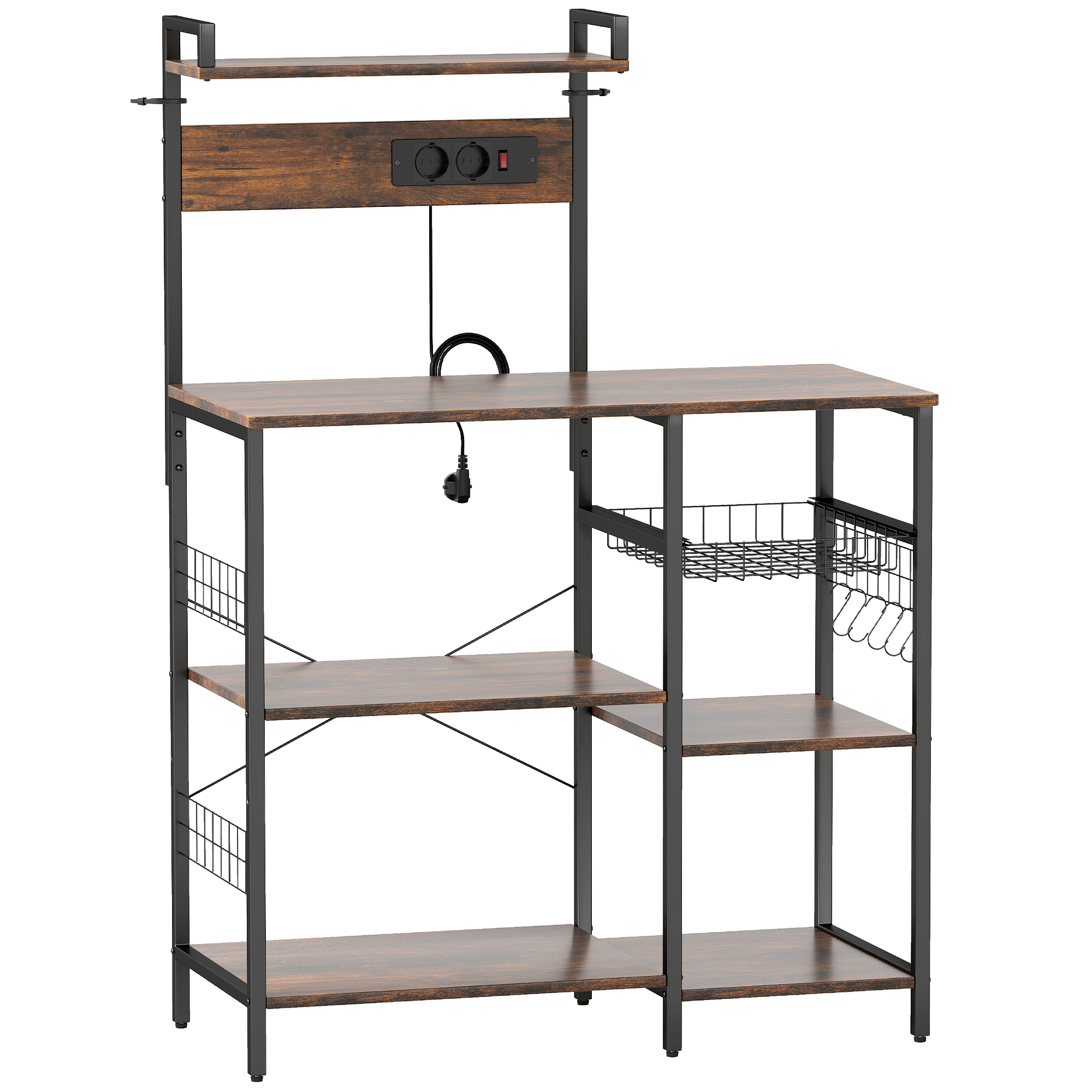 Köögiriiul 2 pistikupesa, 5 S-konksu, 5 riiuli, korv, X-tugevdused, teras, 90 x 42 x 130 cm, rustikaalne pruun