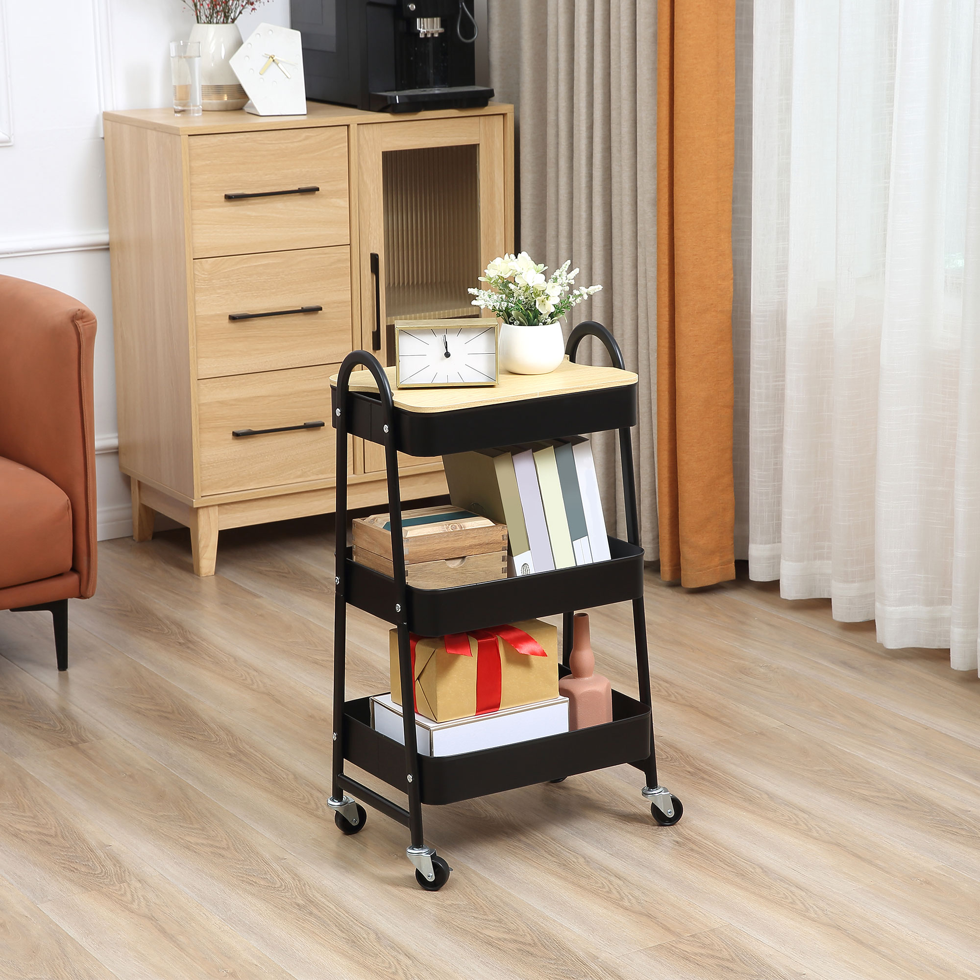 Servēšanas ratiņi ar 3 grozu plauktiem, metāls, plastmasa, melni, 45 x 31 x 79,4 cm - Image 2