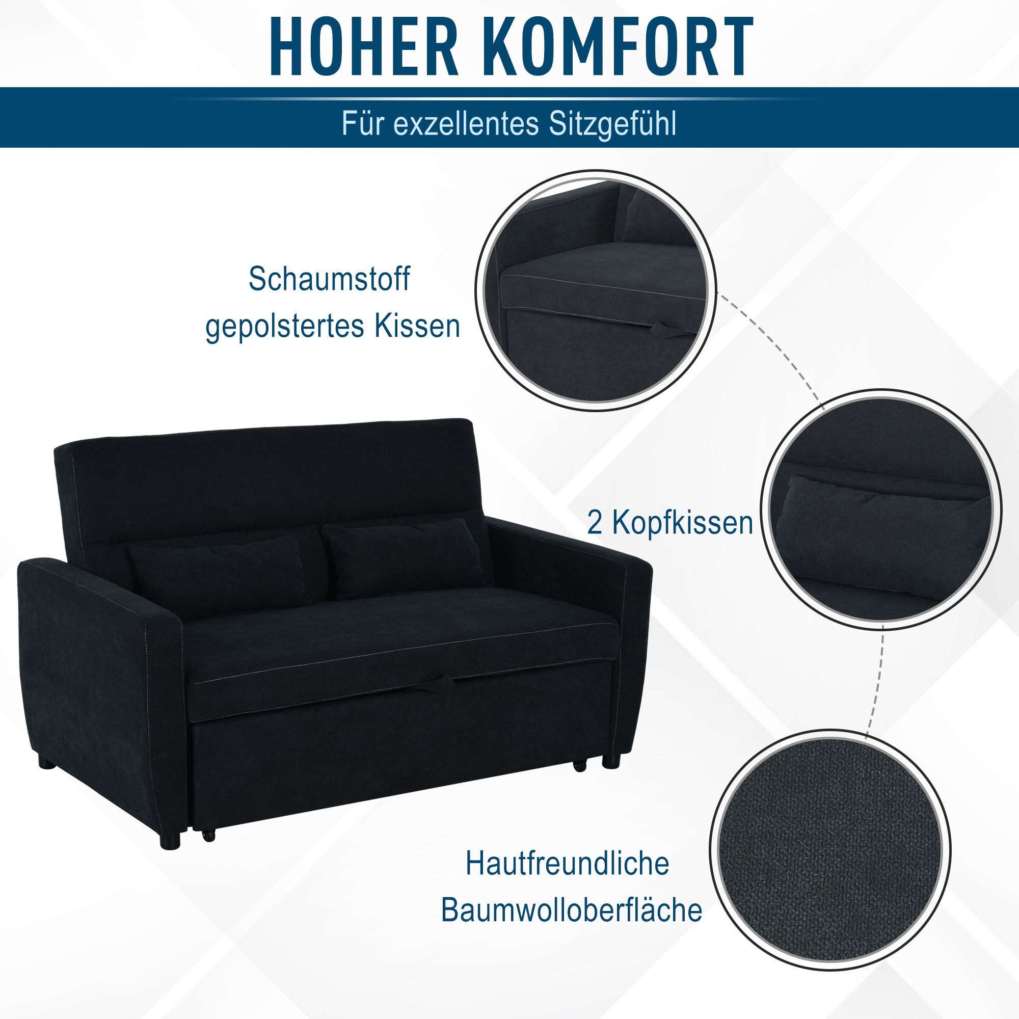 2 vietų sofa-lova su reguliuojamu atlošu, juoda, 155 x 90 x 88,5 cm - Image 5