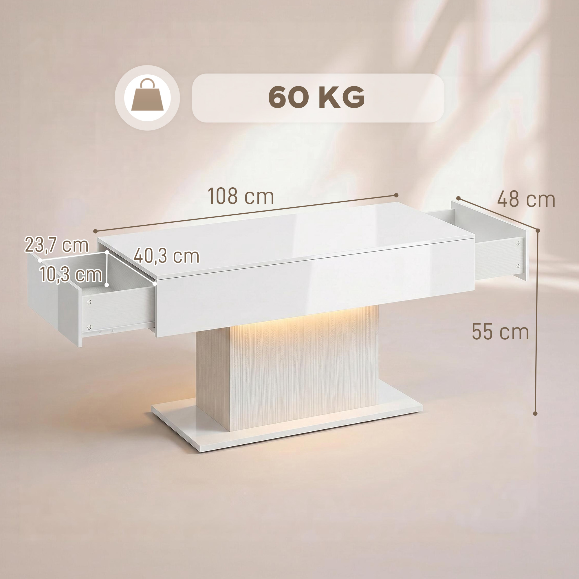 LED-sohvapöytä säilytystilalla, korkeakiiltoinen, moderni, 2 laatikkoa, valkoinen - Image 3