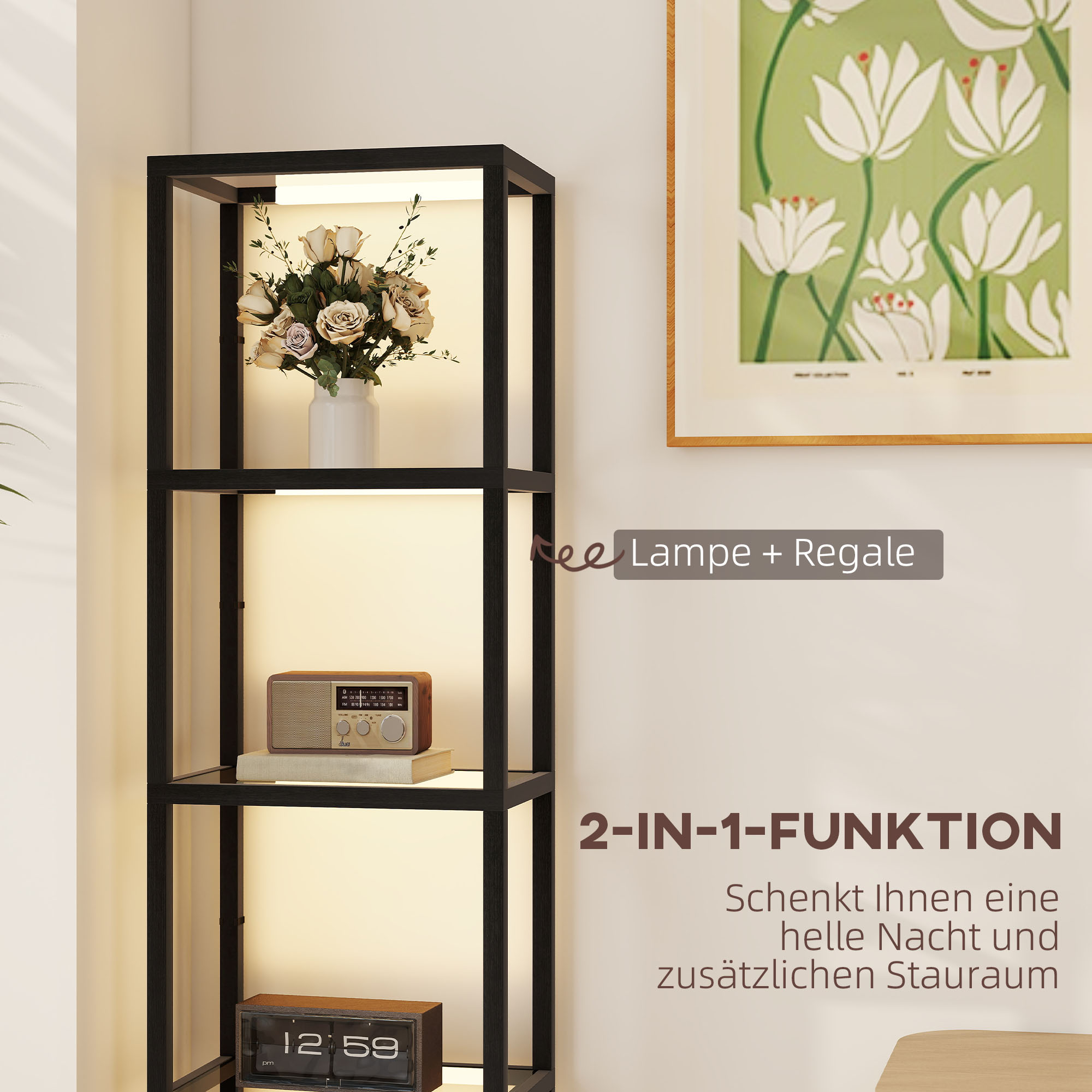 LED-lattiavalaisin hyllyllä, musta, 45 x 29 x 157 cm - Image 4