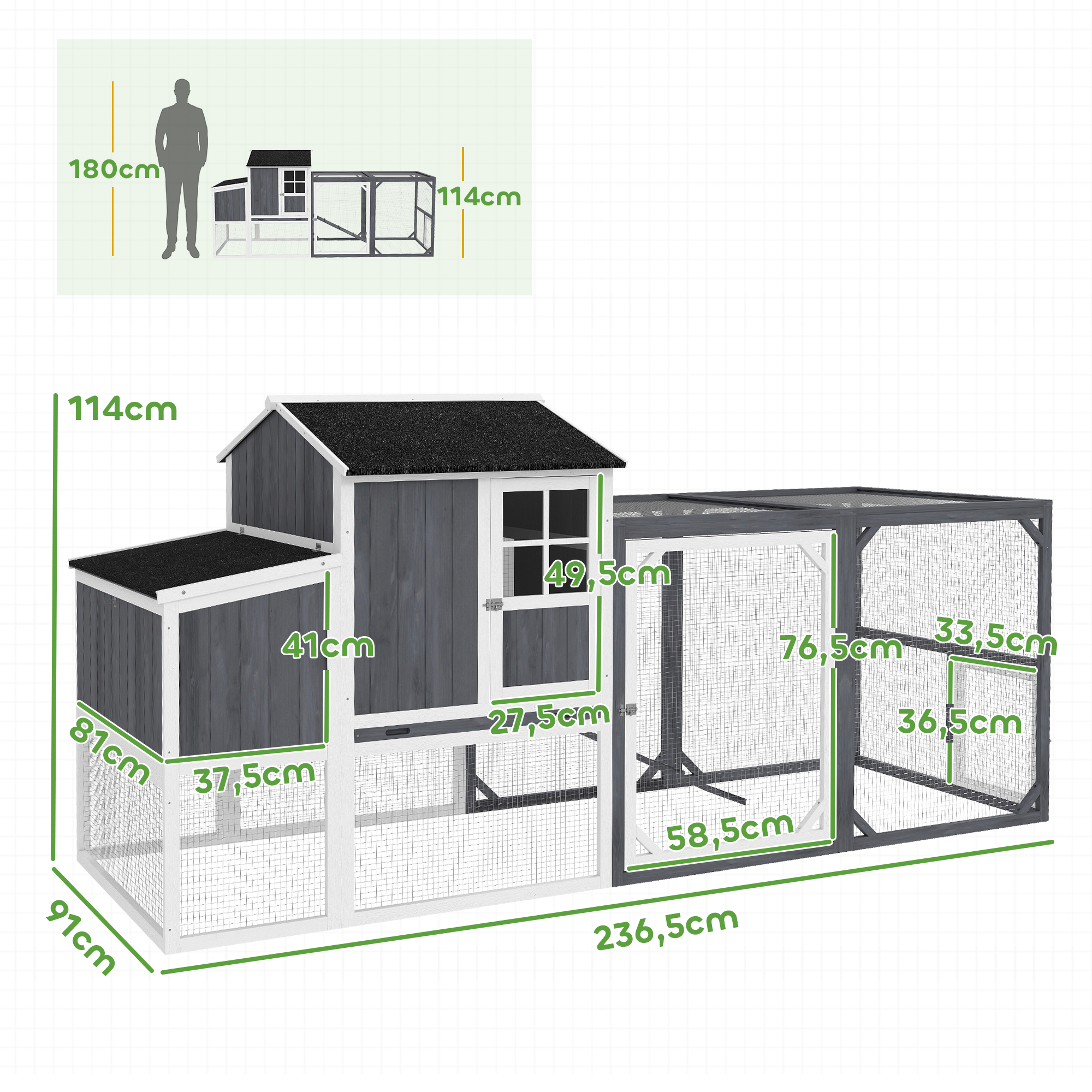 Vištidė su voljeru, skirta 3–4 vištoms, 3 dalių lizdavietė, 1,9 m², fir mediena, pilka - Image 3