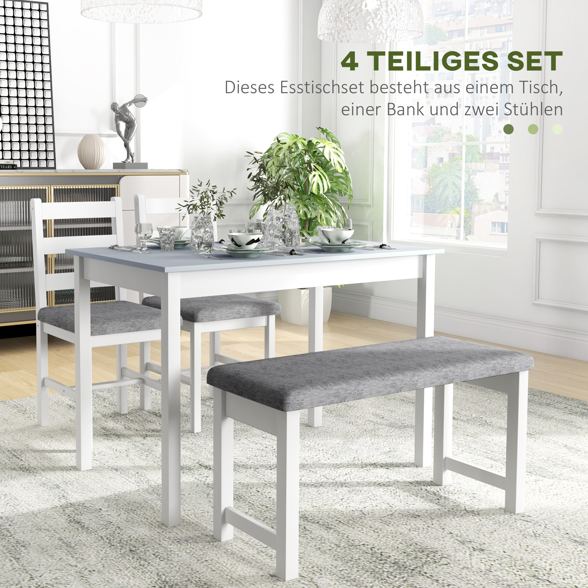 4-osaline söögikomplekt, hall + valge, 1 laud, 1 pink, 2 tooli - Image 4