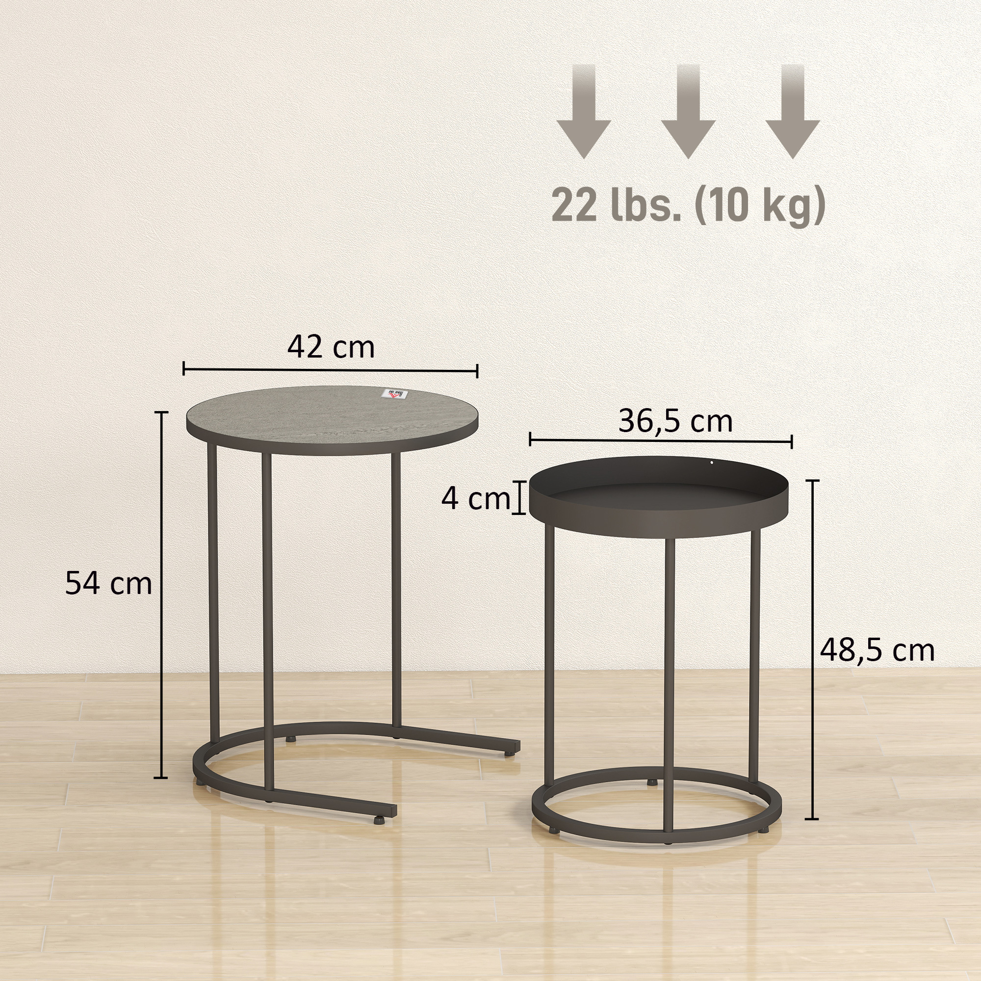 2-osainen sisäpöytäsarja, sisäkkäin työnnettävä, tarjotintyylinen, metalli, harmaa - Image 3