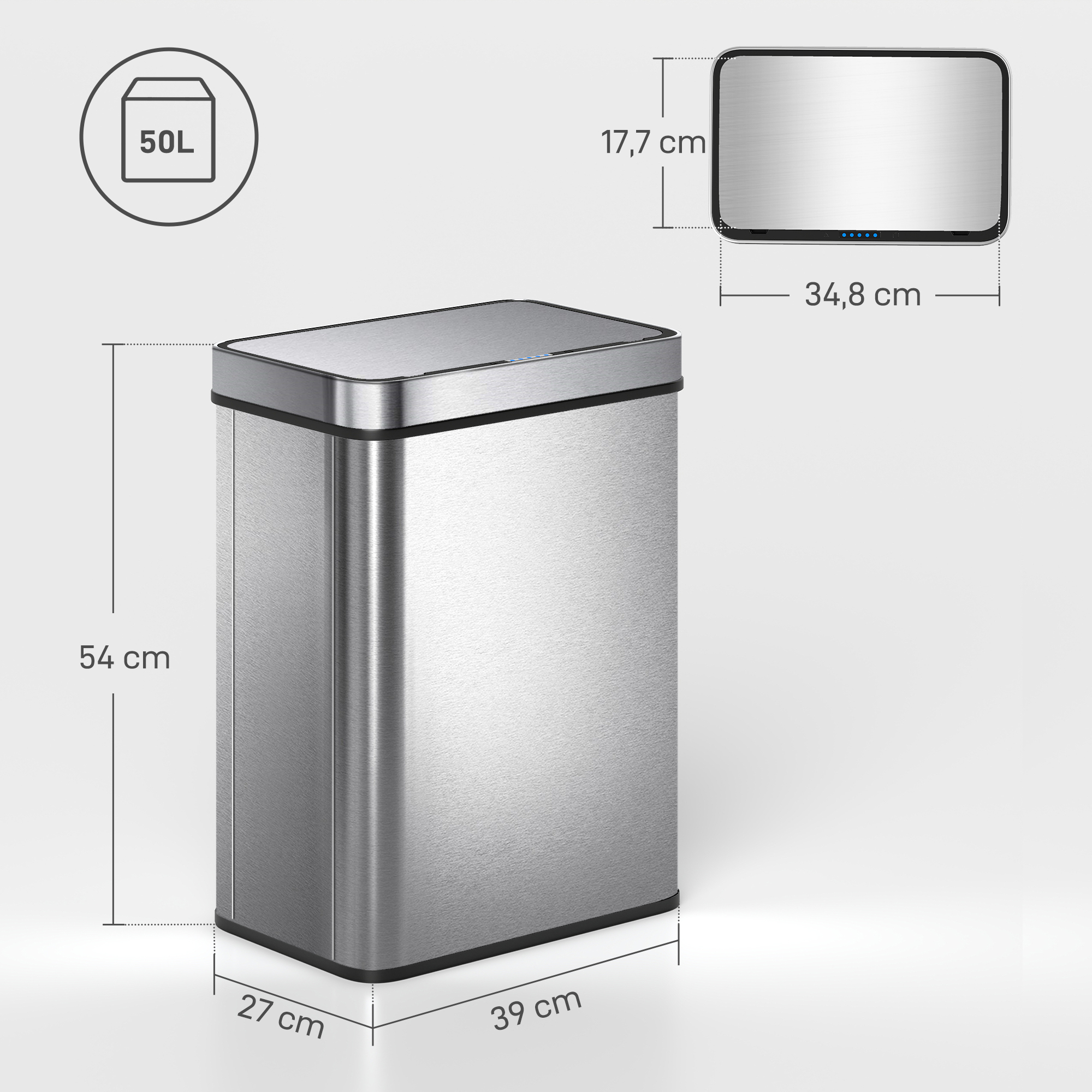 50 l sensorinė šiukšliadėžė, automatinis dangtis, nerūdijantis plienas, sidabrinė - Image 3