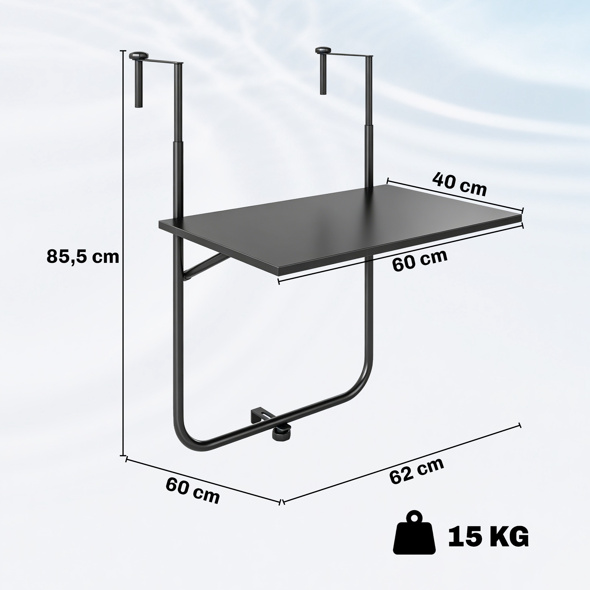 Balkono stalas, tvirtinamas prie turėklų, 6-15 cm storio, reguliuojamas, plienas, 62 x 60 x 85,5 cm, juodas - Image 3