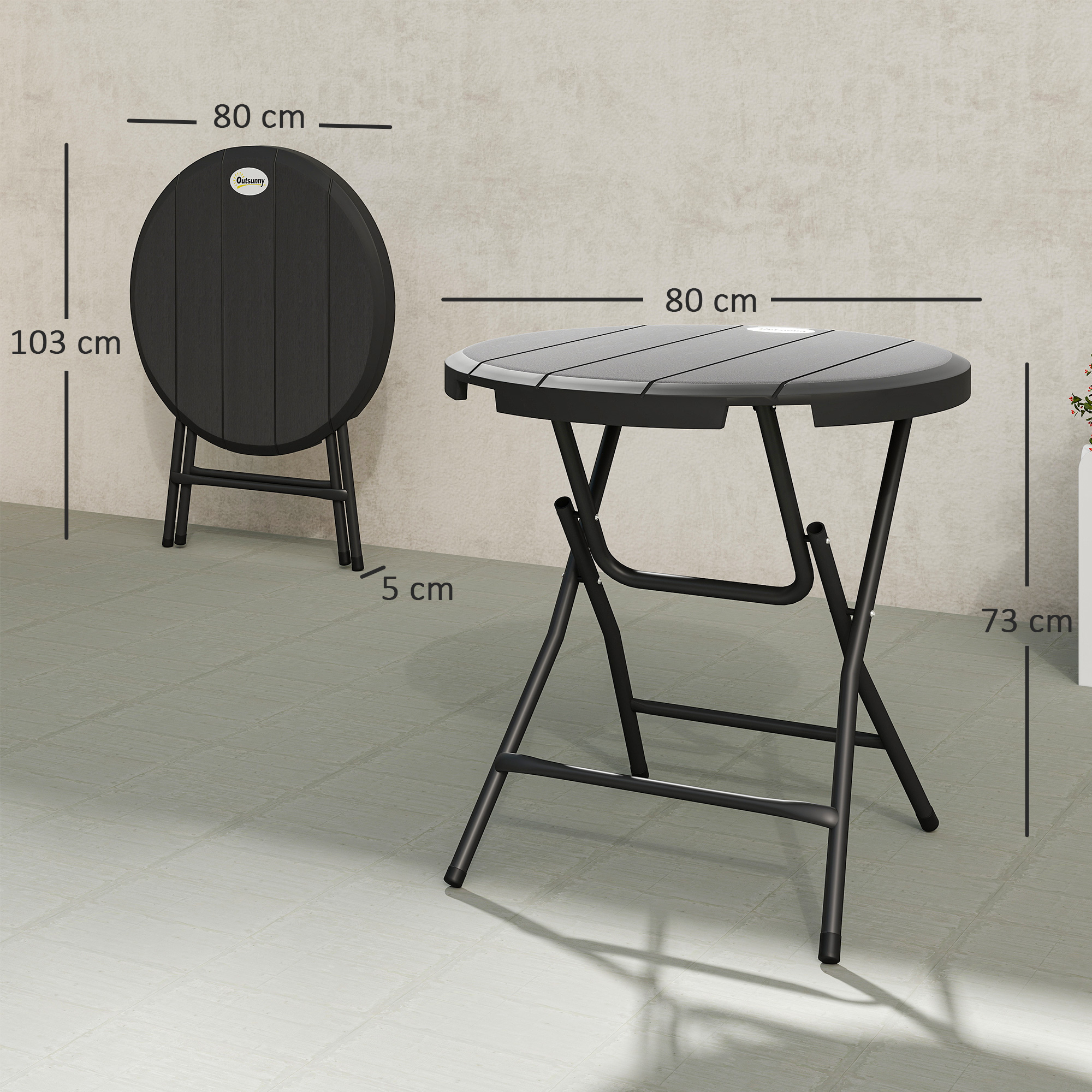 Apvalus sulankstomas sodo stalas 4 asmenims, medienos imitacija, plienas ir HDPE, tamsiai pilkas, 80 x 80 x 73 cm - Image 3