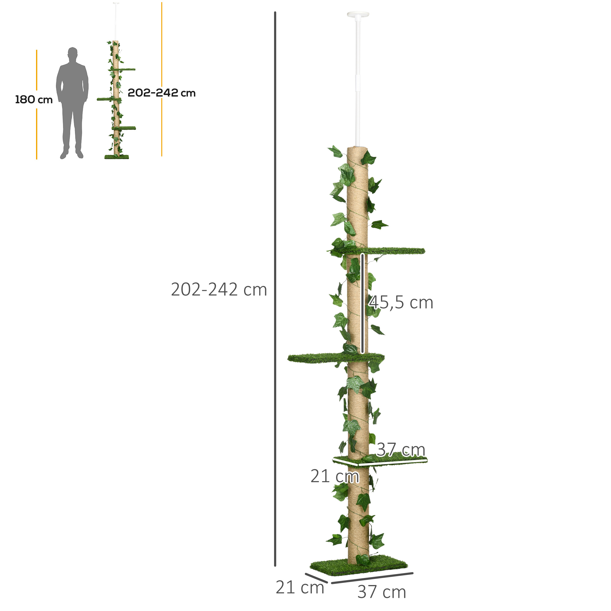 Säädettävä kissapuu, 202-242 cm, liukumaton, juuttipylväät, lastulevyä, vihreä/keltainen - Image 3