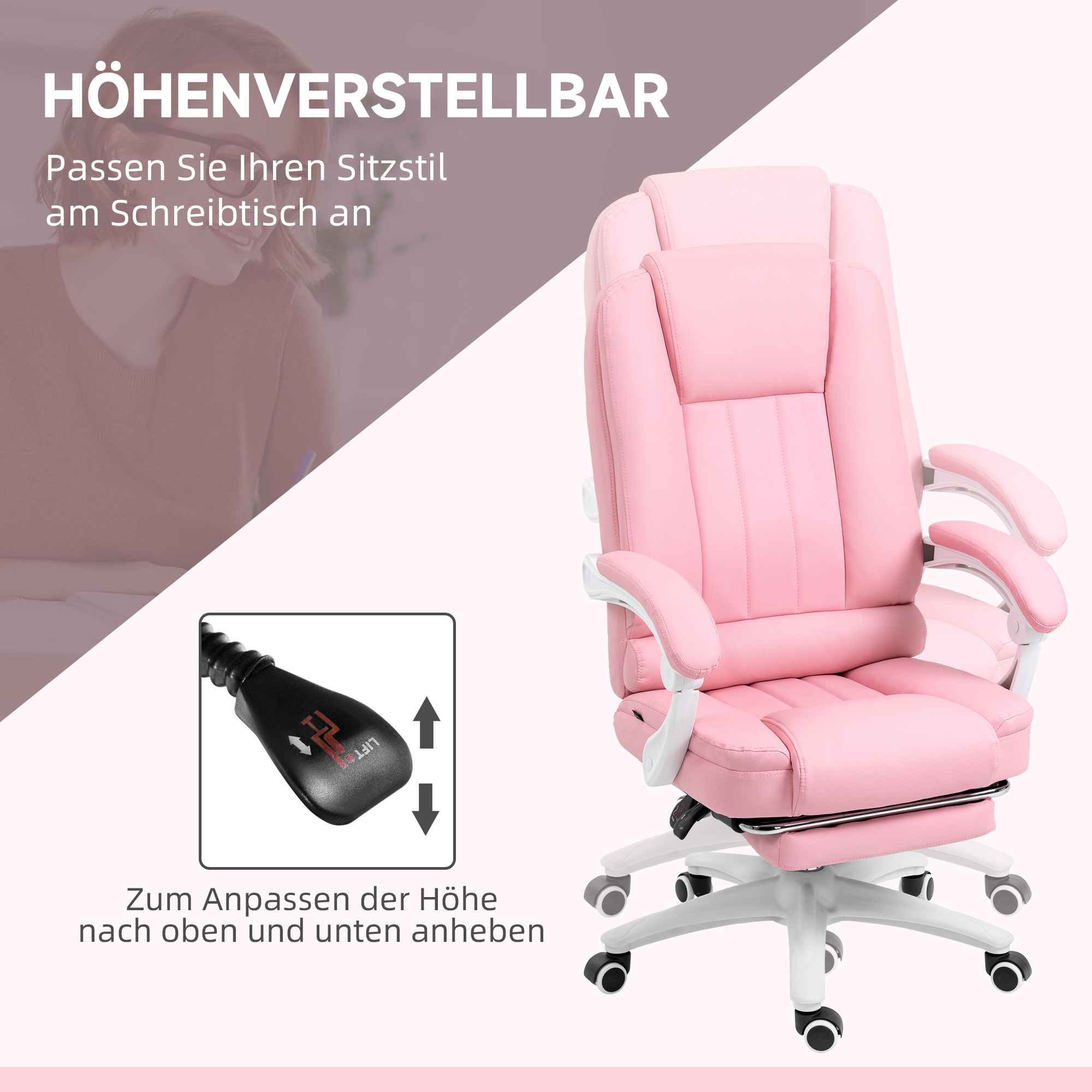 Biroja krēsls ar kāju balstu, regulējama atzveltne, augstumā regulējams, 5 ritentiņi, rozā / balts - Image 4