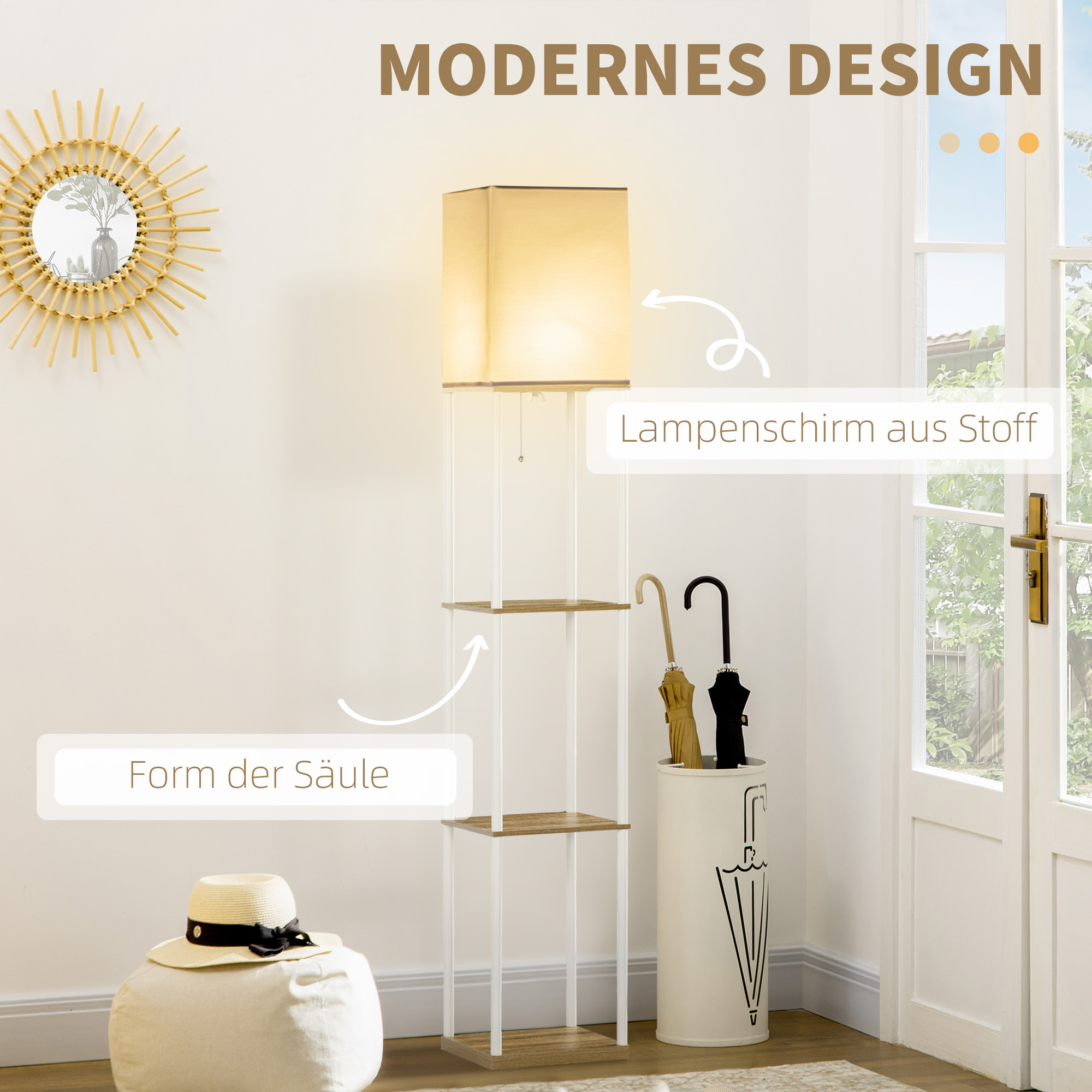 Stāvlampa ar plauktiem, balta un brūna, 26 x 26 x 159 cm - Image 4