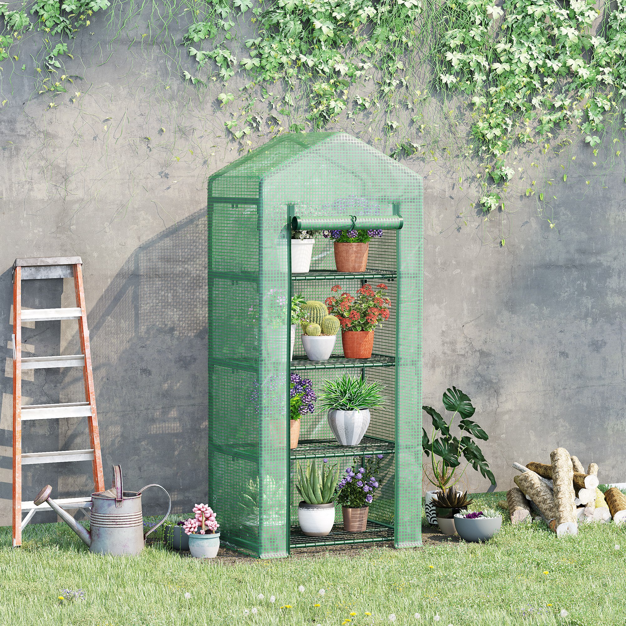 Mini kasvihuone, 4 hyllyä, 70 x 50 x 160 cm, tummanvihreä - Image 2