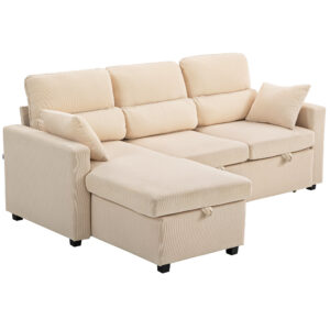 Kampinė sofa-lova, sulankstoma svečių sofa su patalynės dėže, pagalvėlėmis, smėlio