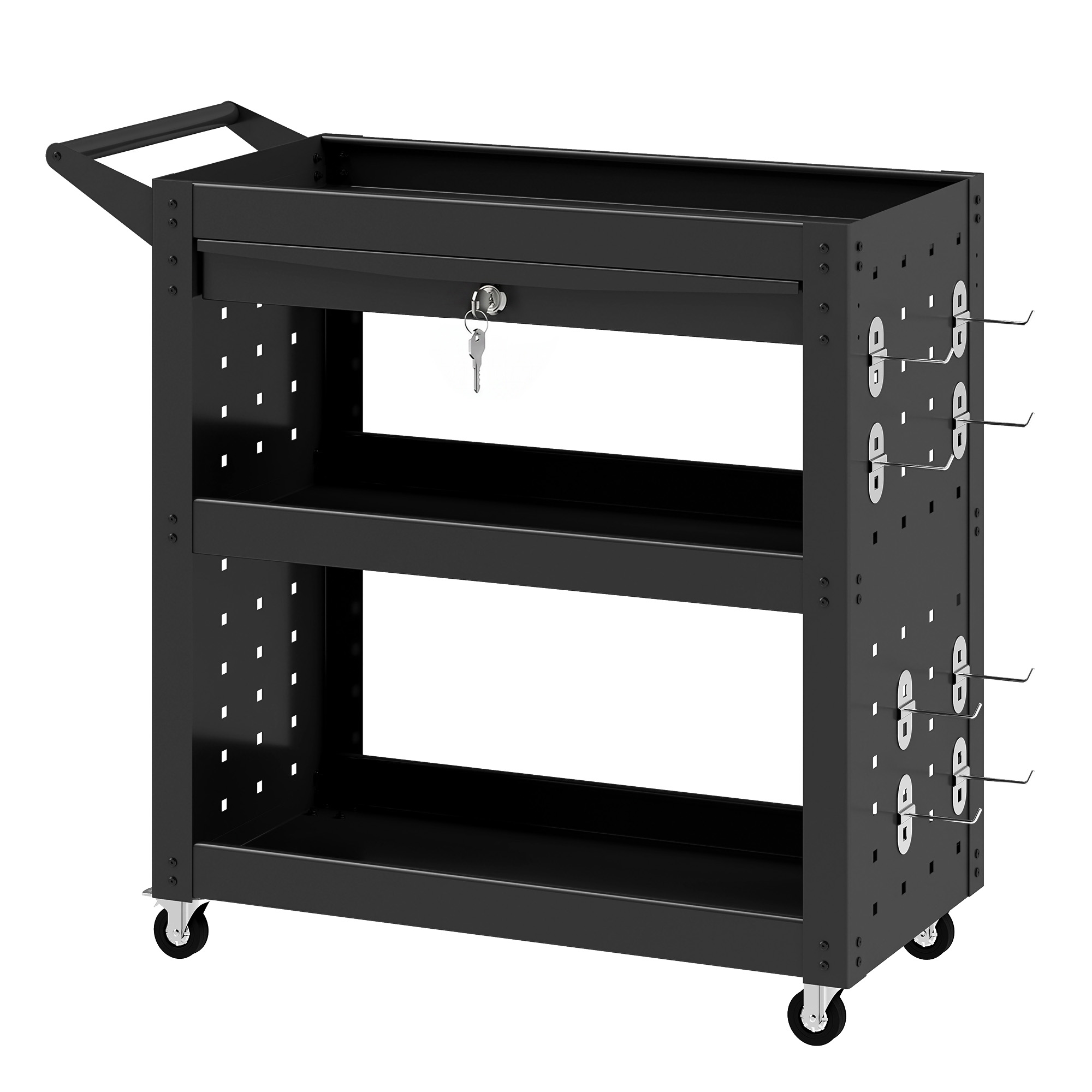 Työkalukärry lukittavalla laatikolla, 3 tasoa, musta, 78 x 35 x 73 cm