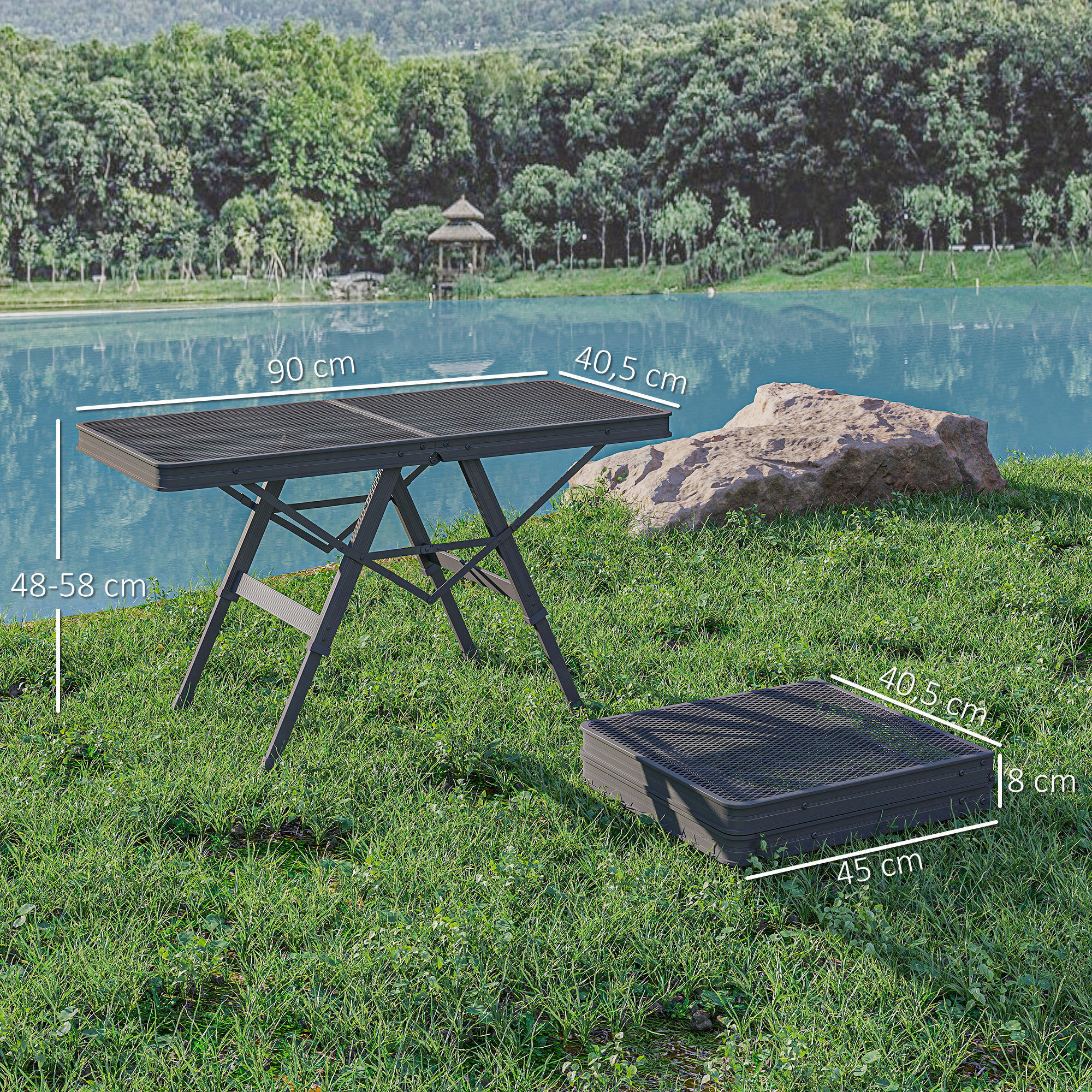 Regulējams кемпinga galds, saliekams, metāla režģa virsma, melns, 90 x 40,5 x 48-58 cm - Image 3