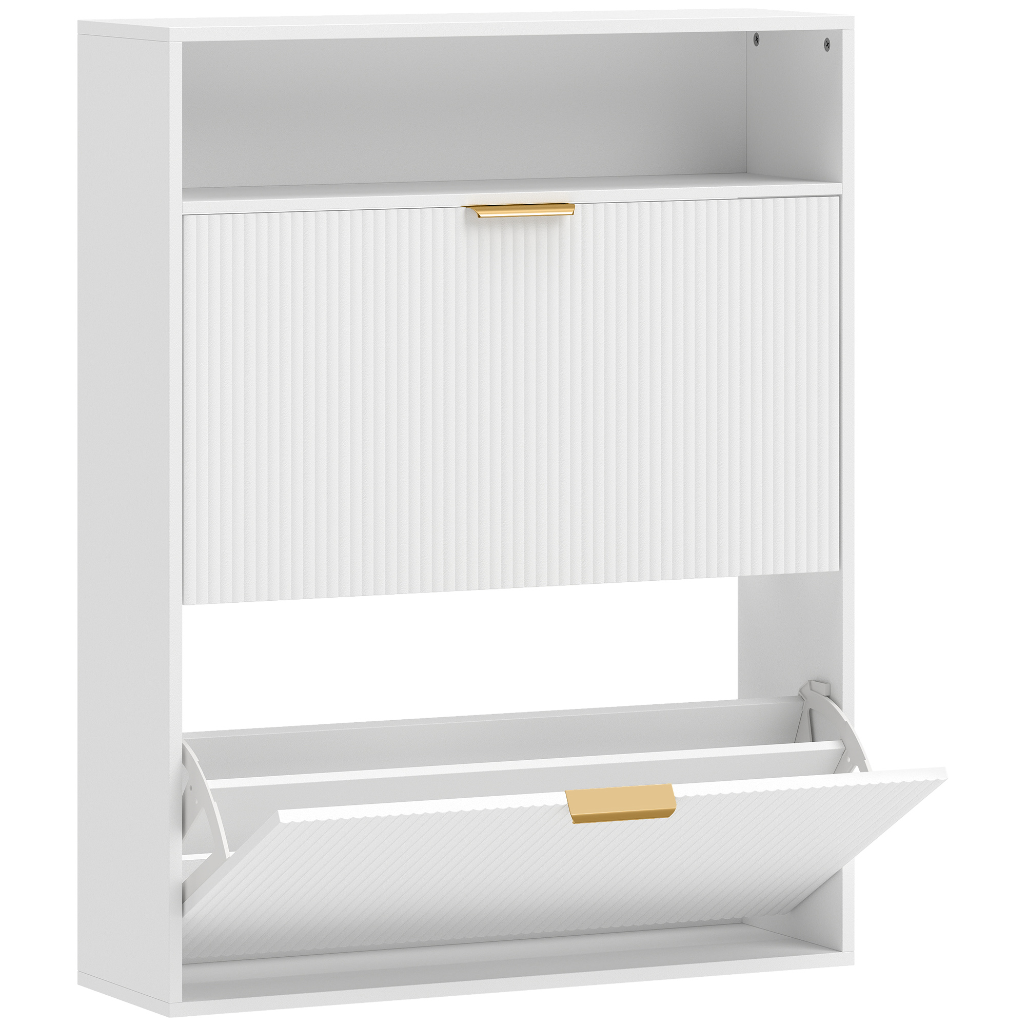 Kitsas jalanõukapp 2 kallutatava sektsiooni ja ülemise riiuliga, valge
