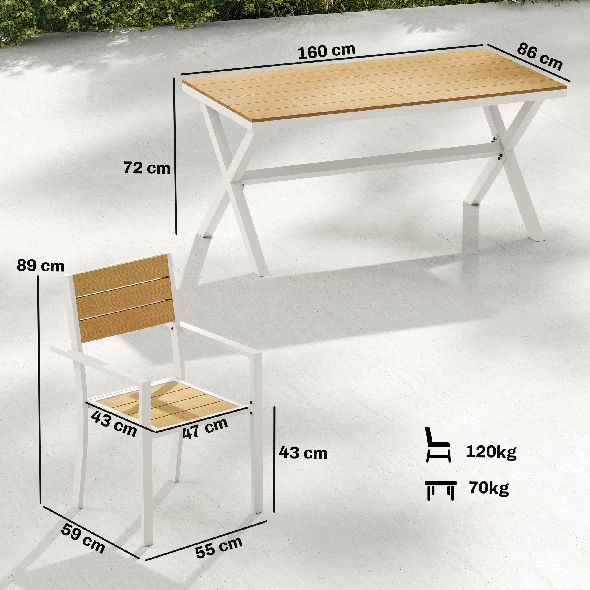 7 daļu āra mēbeļu komplekts, galds ar 6 sakraujamiem krēsliem, balta, tīkkoka tonis - Image 3