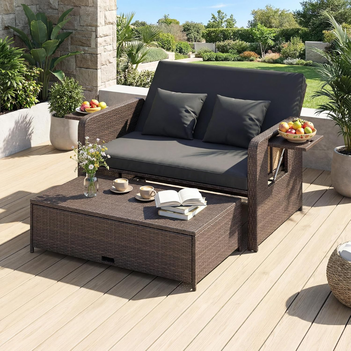 3-in-1 āra rotangpalmas atpūtas mēbeļu komplekts ar pufu, melns - Image 7